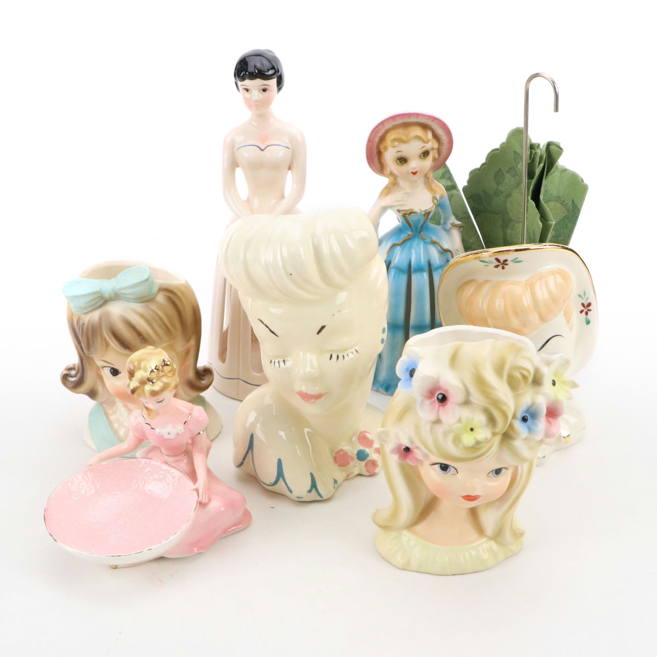 Vintage Lady Head Vases with Lillian Vernon Napkin Holder and Other Décor