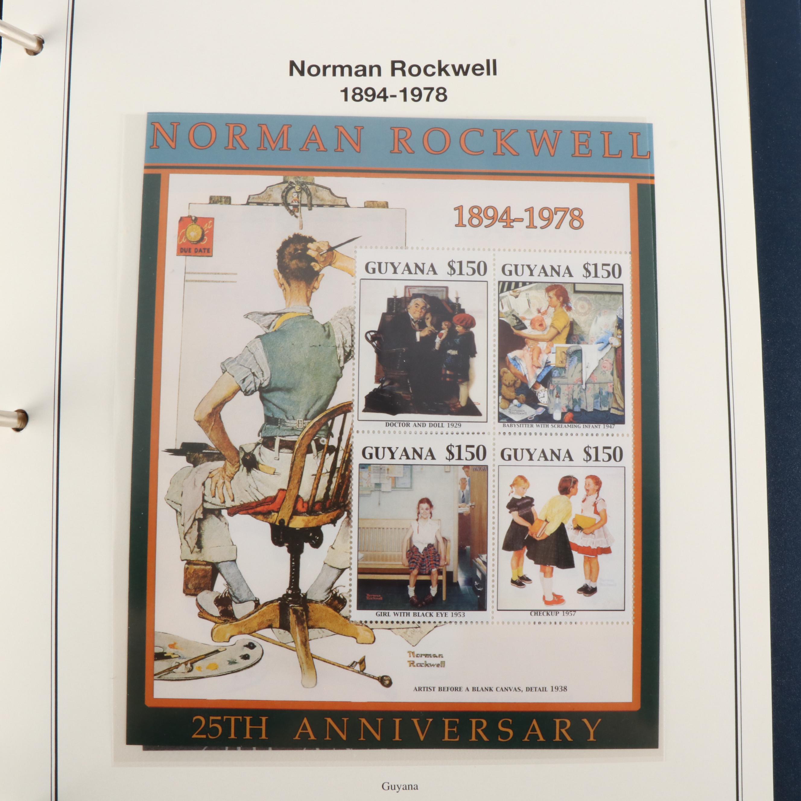 Five Albums of Themed Postage Stamps, Including Civil War, Norman Rockwell