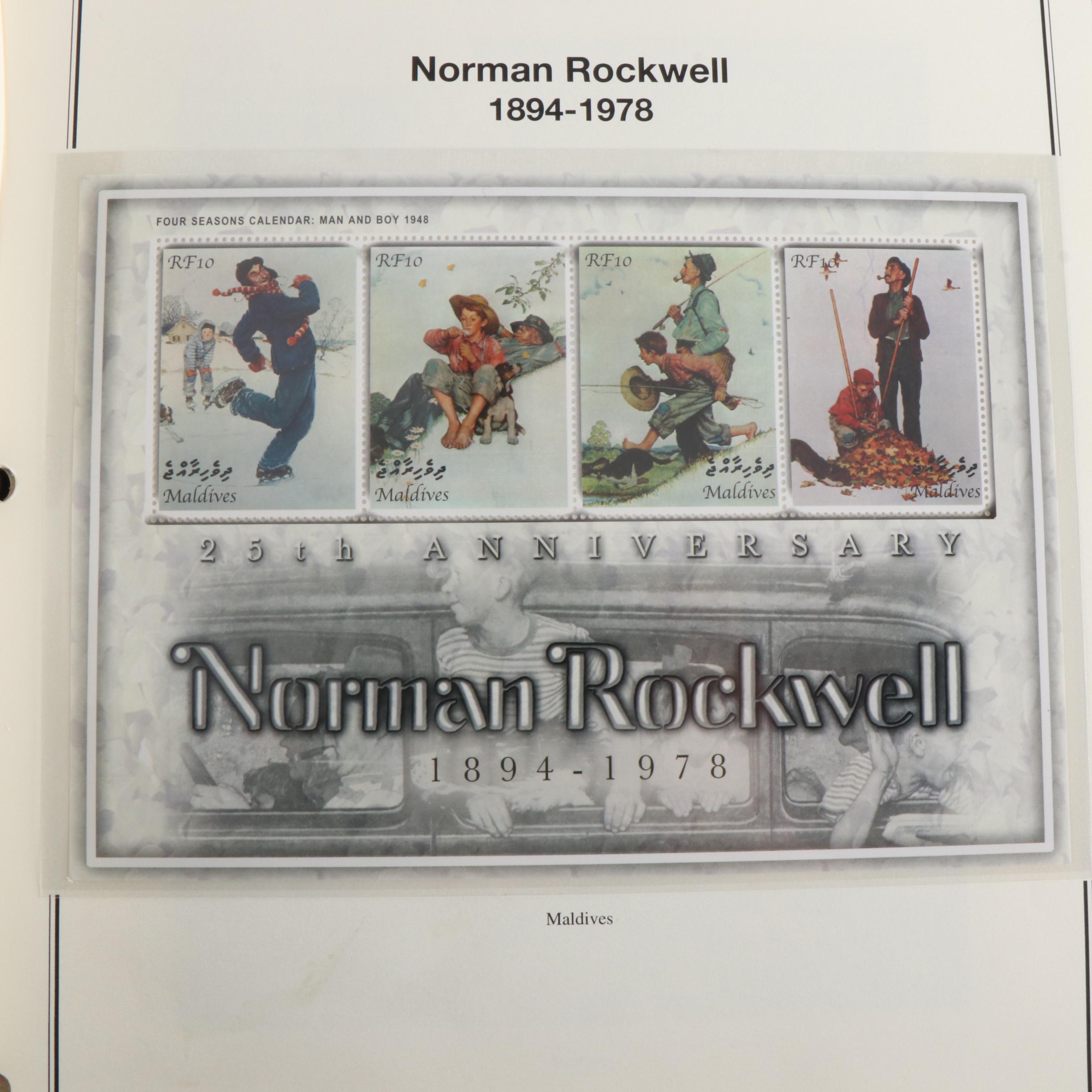 Five Albums of Themed Postage Stamps, Including Civil War, Norman Rockwell