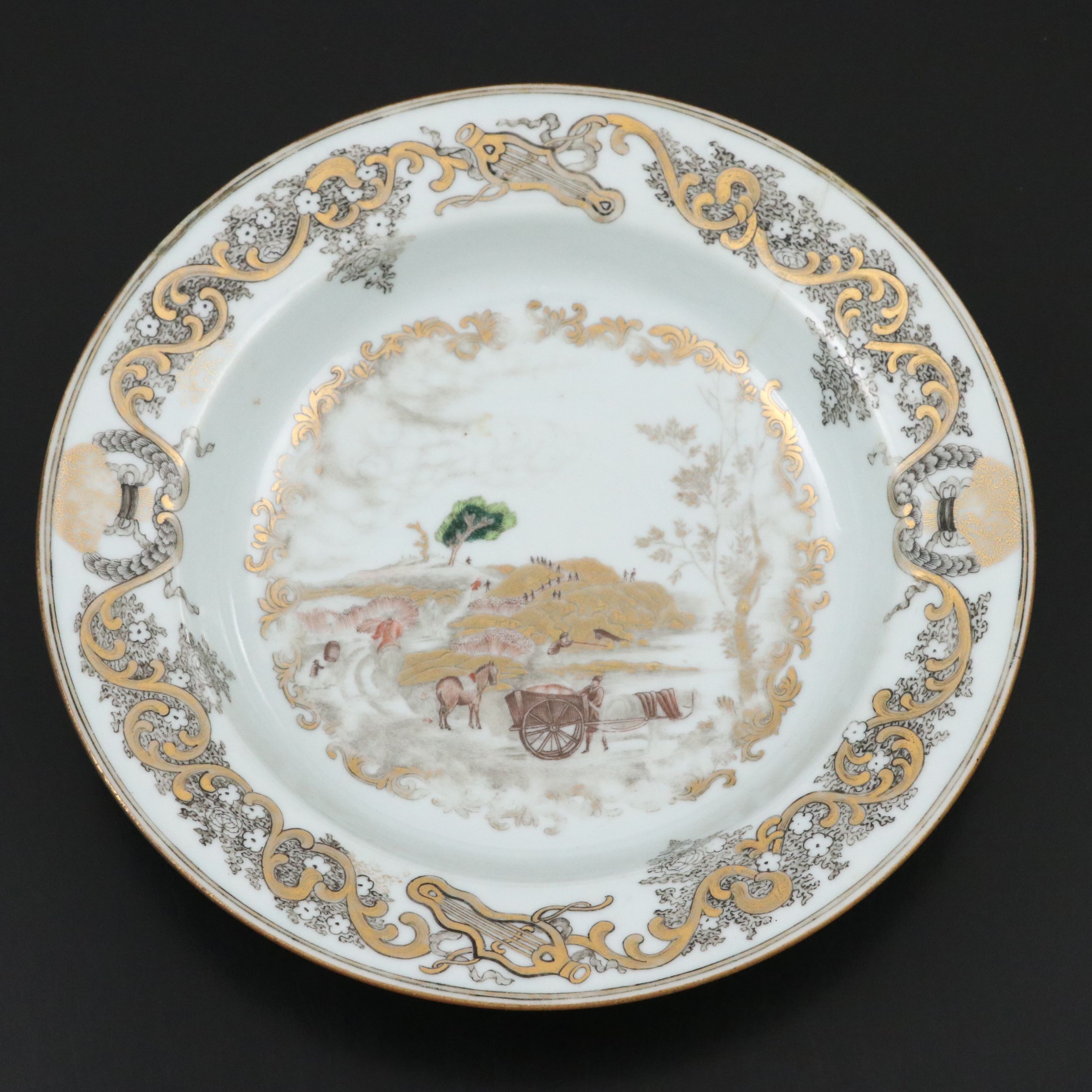 Chinese Export Hand-Painted Pastoral Scene Porcelain Bowl, 18th C.