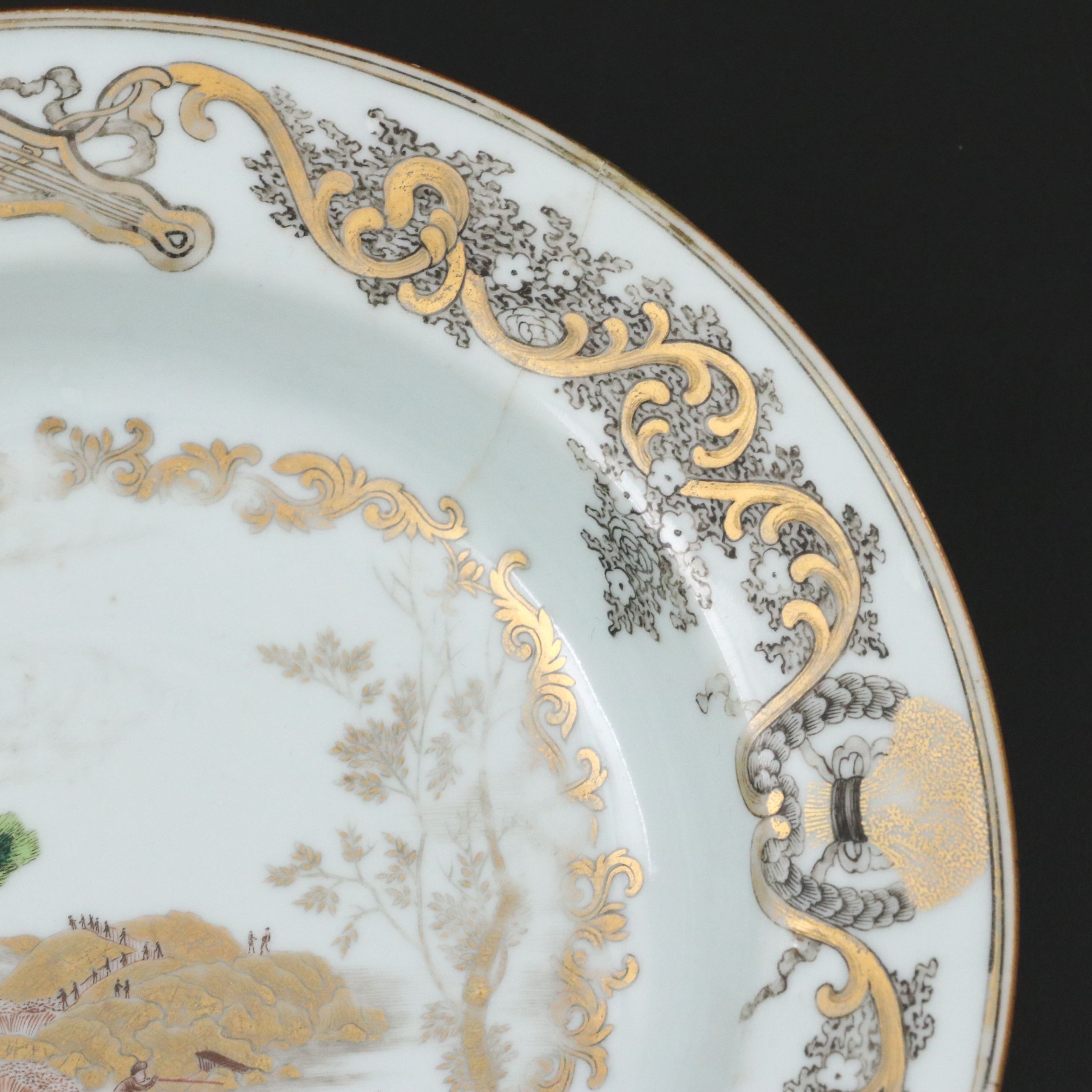 Chinese Export Hand-Painted Pastoral Scene Porcelain Bowl, 18th C.