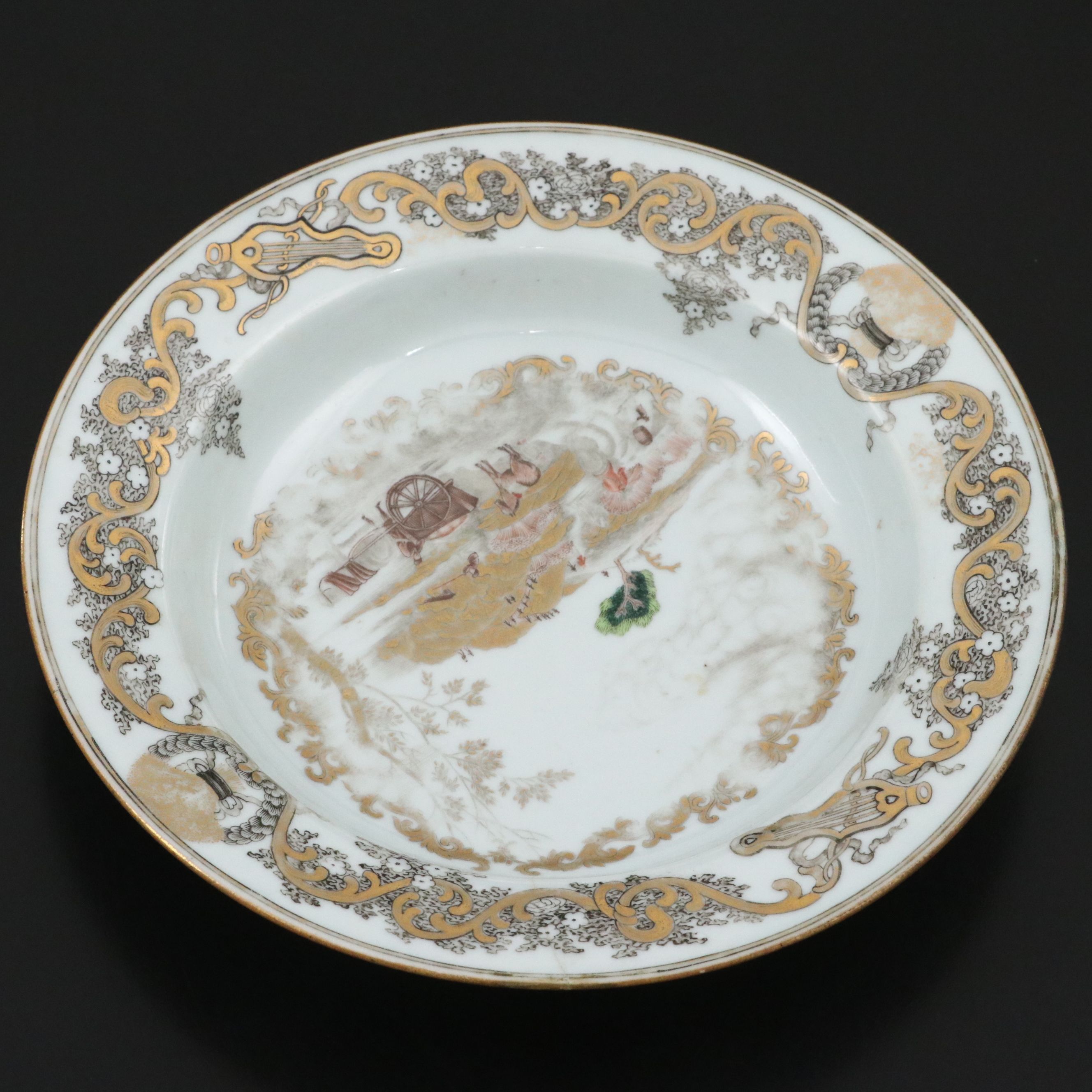 Chinese Export Hand-Painted Pastoral Scene Porcelain Bowl, 18th C.