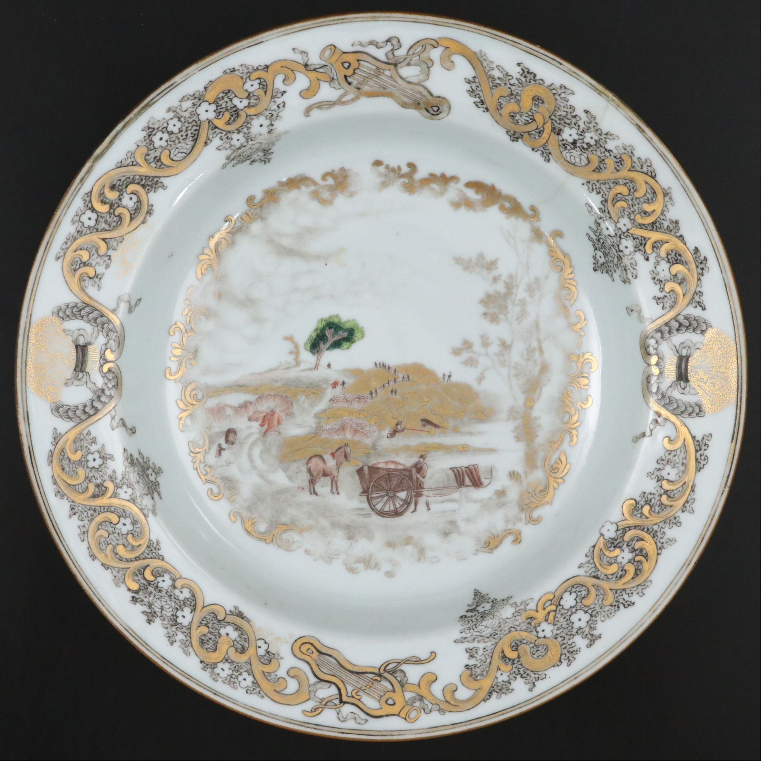 Chinese Export Hand-Painted Pastoral Scene Porcelain Bowl, 18th C.