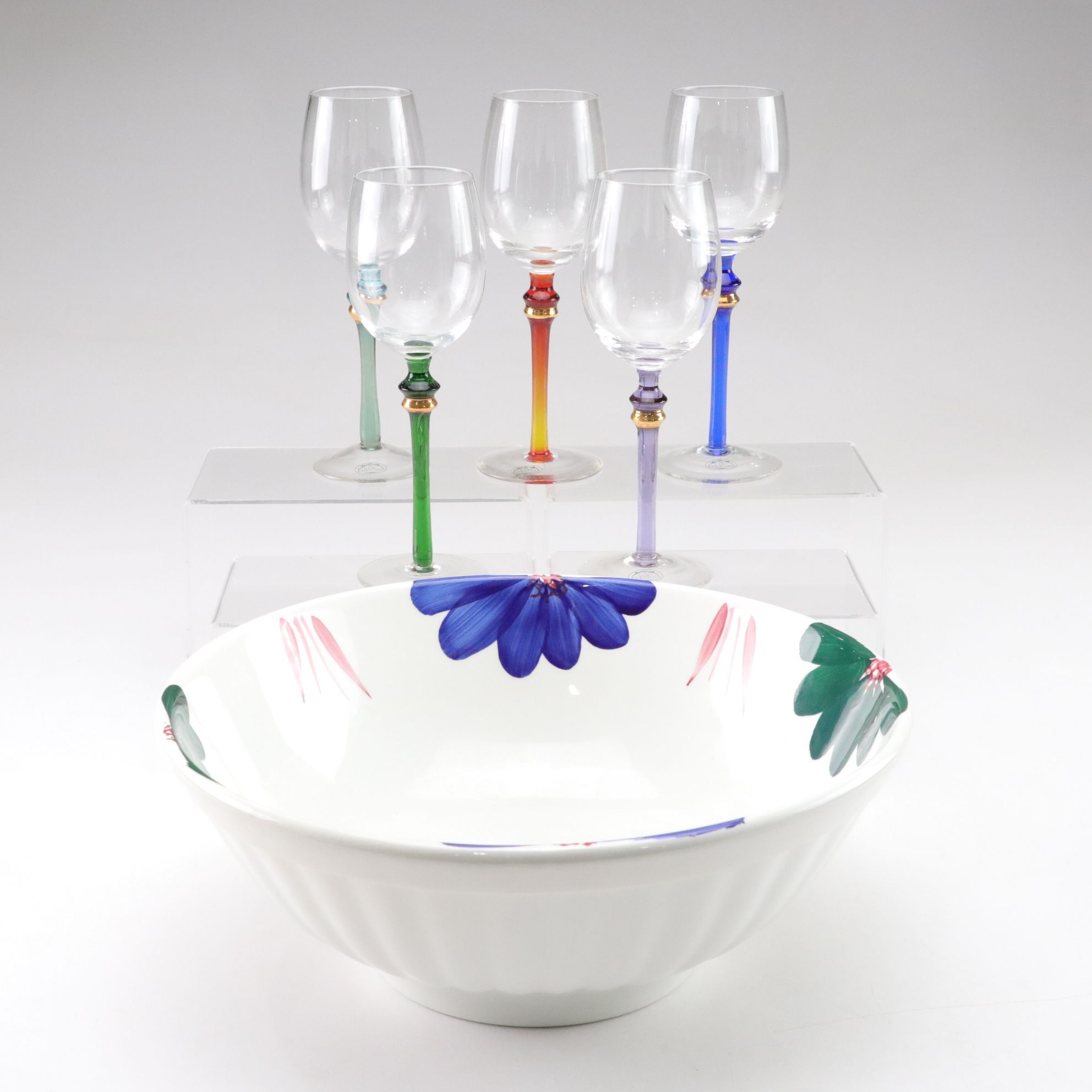 Gilt & Colored Stem Wine Glasses with Fruit Bowl