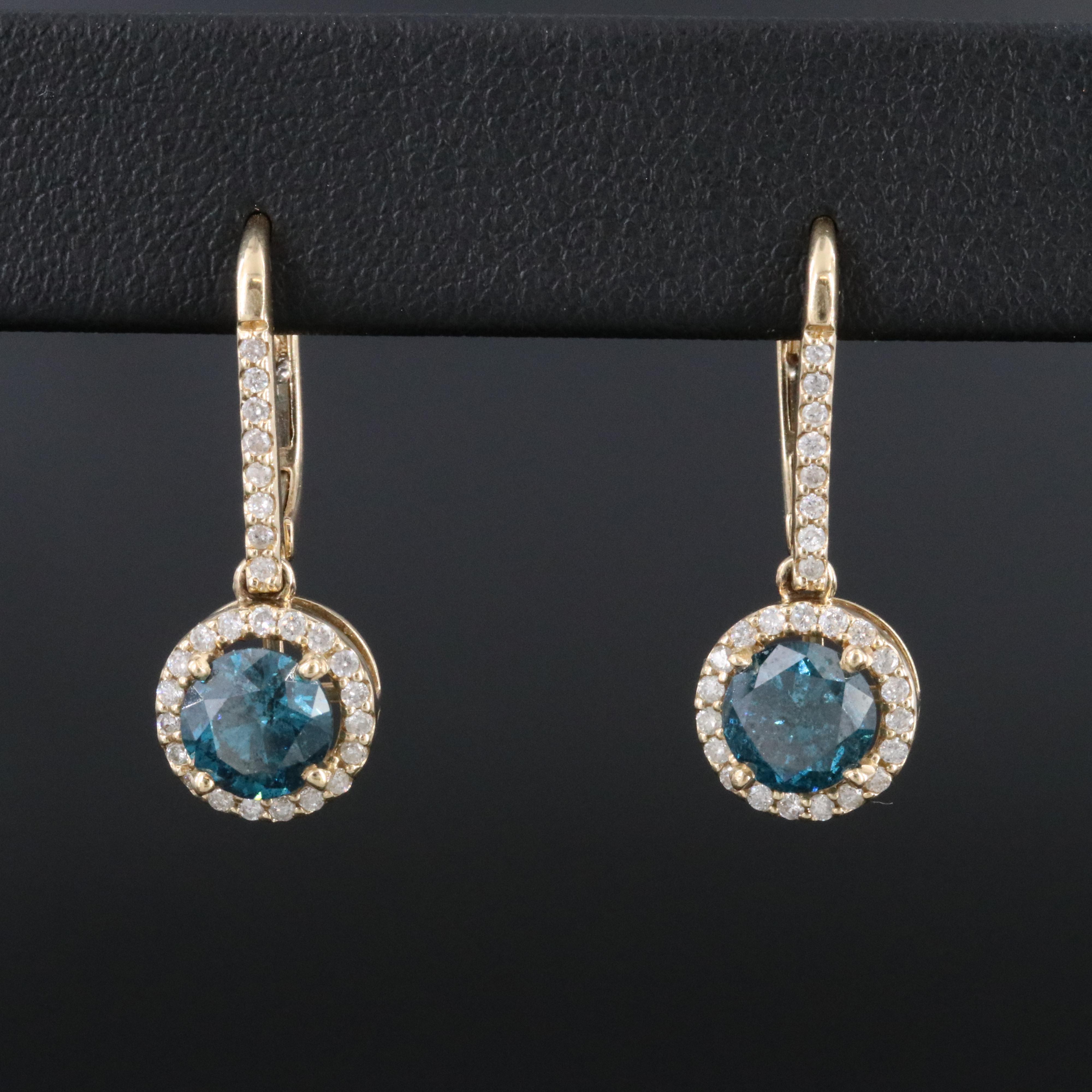 14K 1.97 CTW Diamond Drop Earrings with Fancy Blue Centers and GIA Report