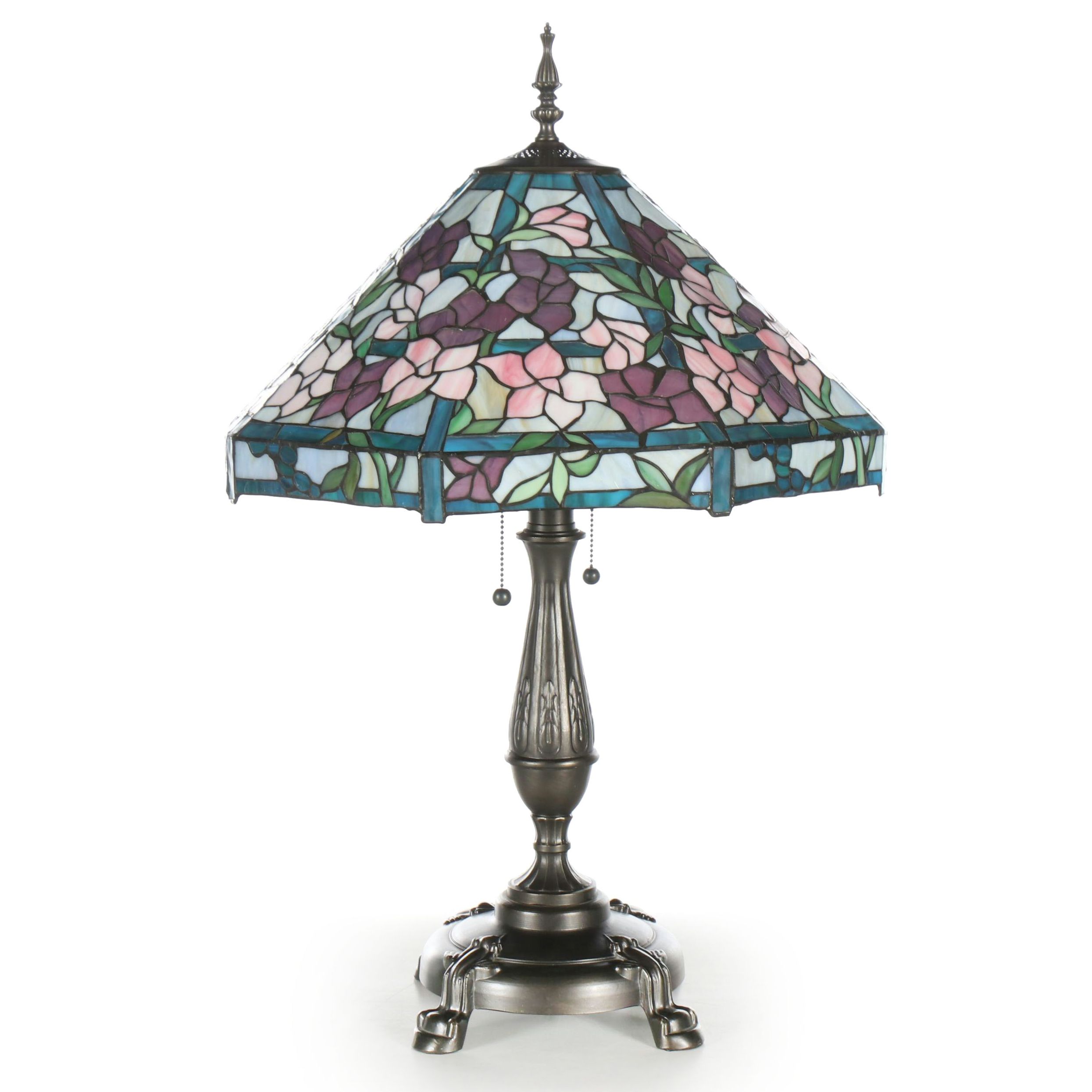 Splendor Dark Pewter Table Lamp with Floral Slag Glass Shade, 21st Century