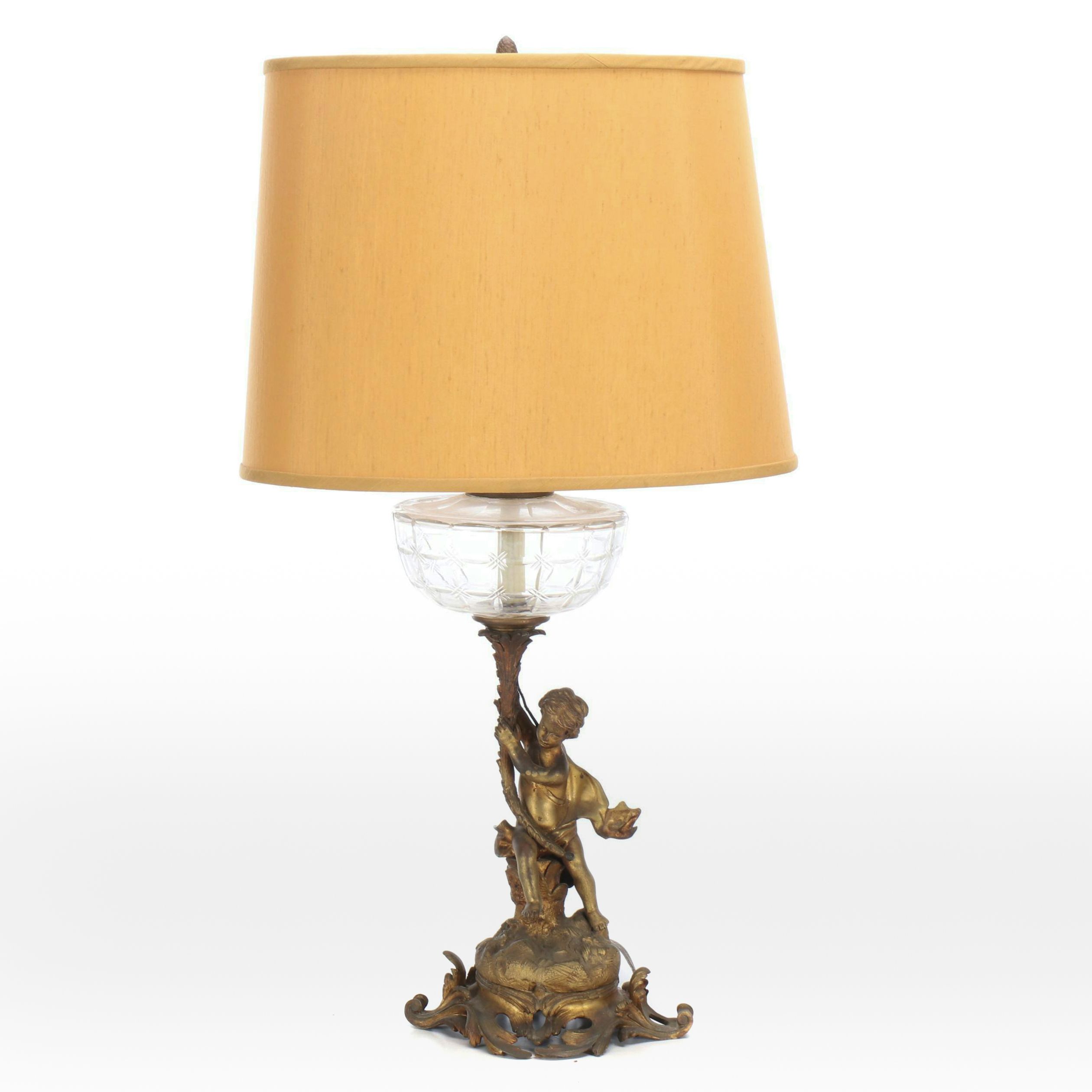 Giltmetal and Glass Font Putto Table Lamp with Drum Shade