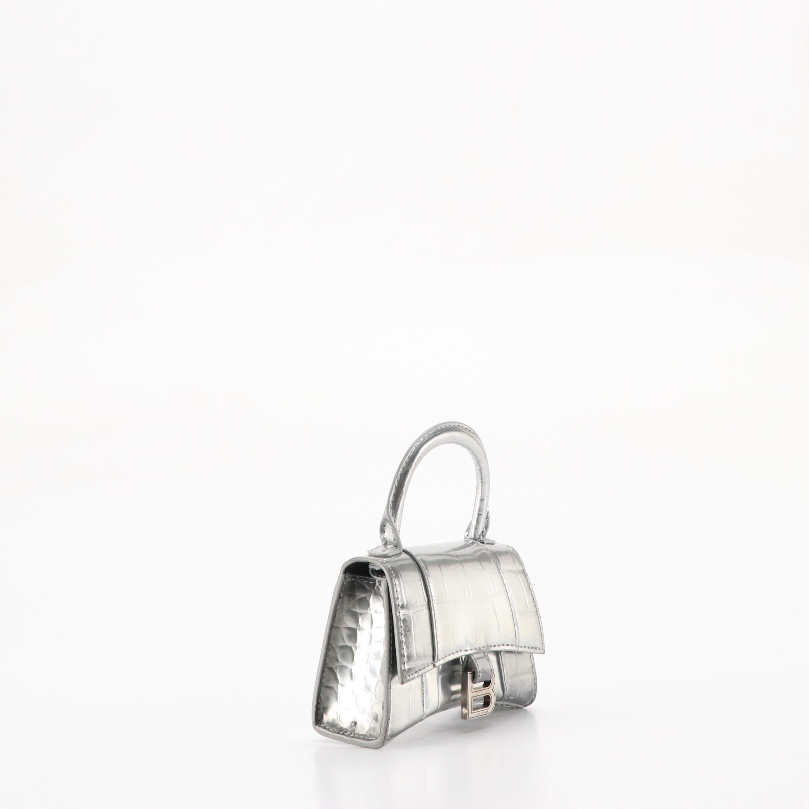 Balenciaga Hourglass Mini Bag in Shiny Silver Croc Embossed Calfskin Leather