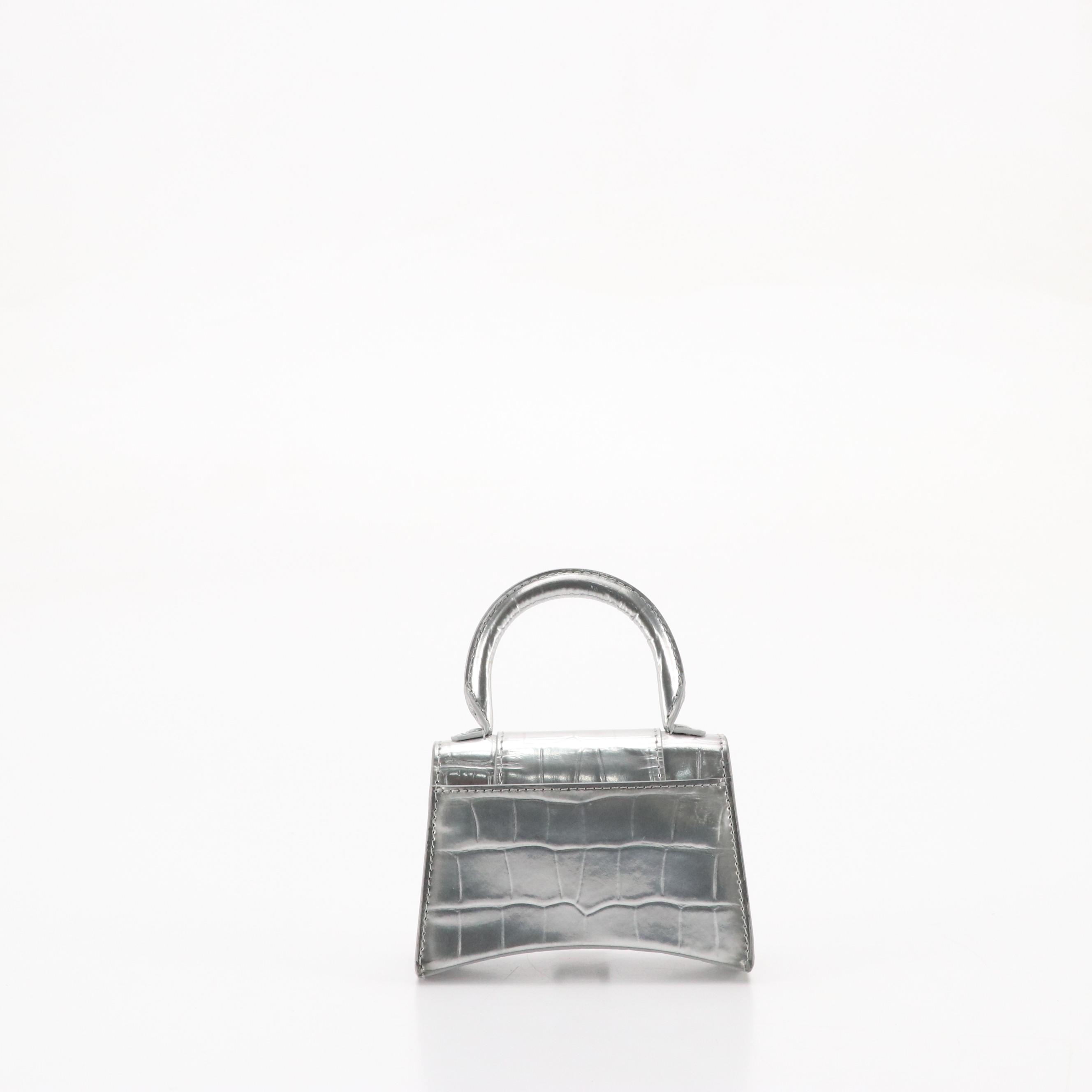 Balenciaga Hourglass Mini Bag in Shiny Silver Croc Embossed Calfskin Leather