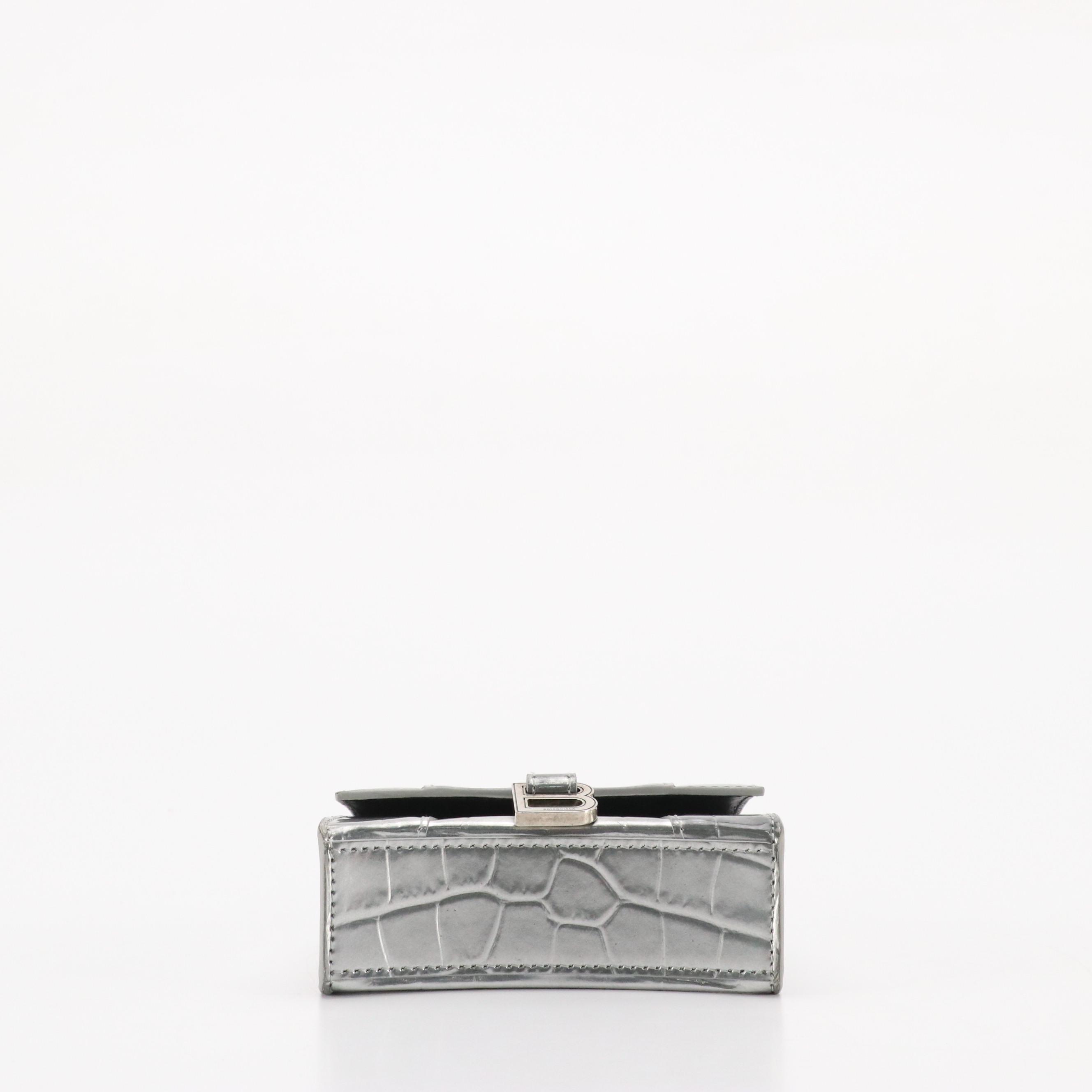 Balenciaga Hourglass Mini Bag in Shiny Silver Croc Embossed Calfskin Leather