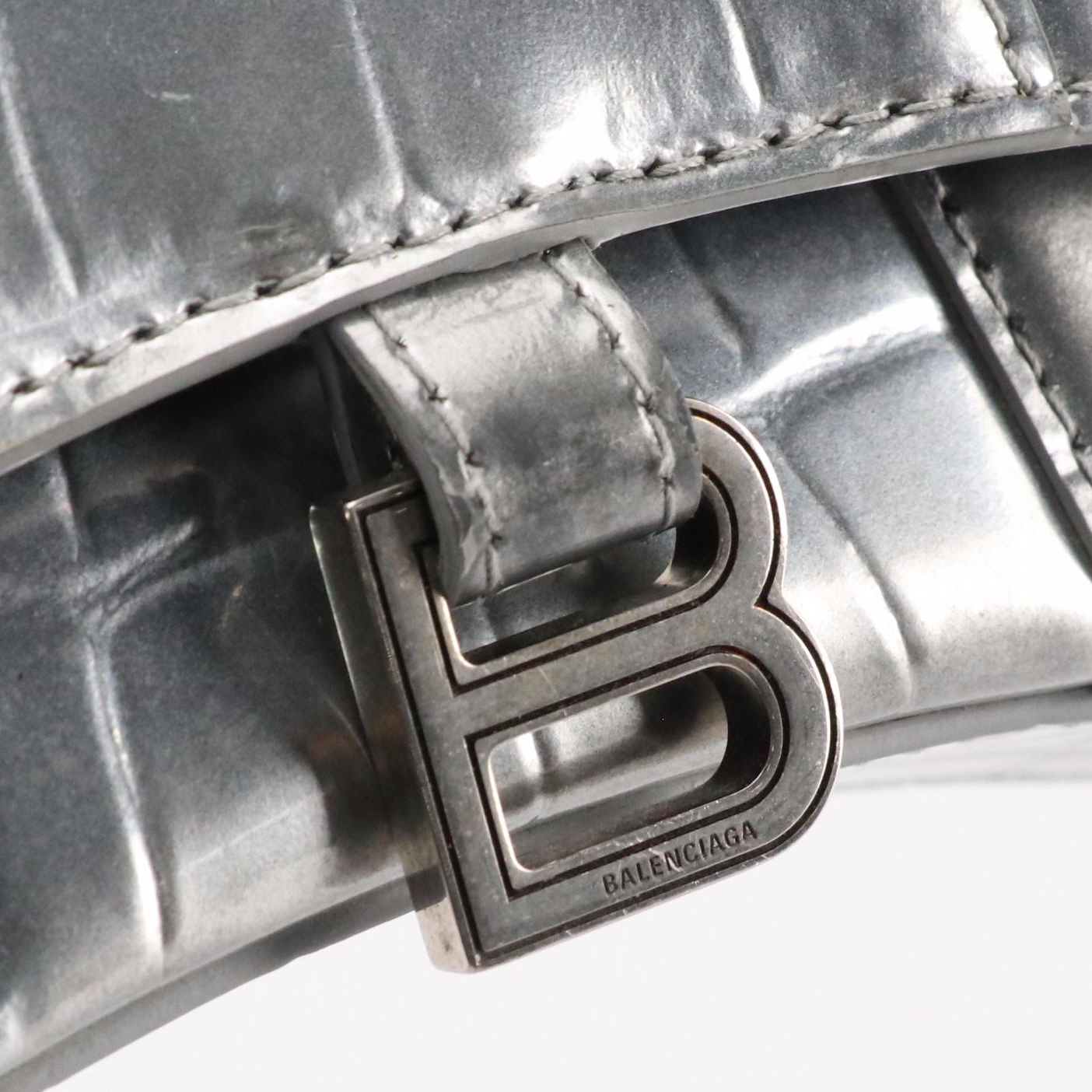 Balenciaga Hourglass Mini Bag in Shiny Silver Croc Embossed Calfskin Leather