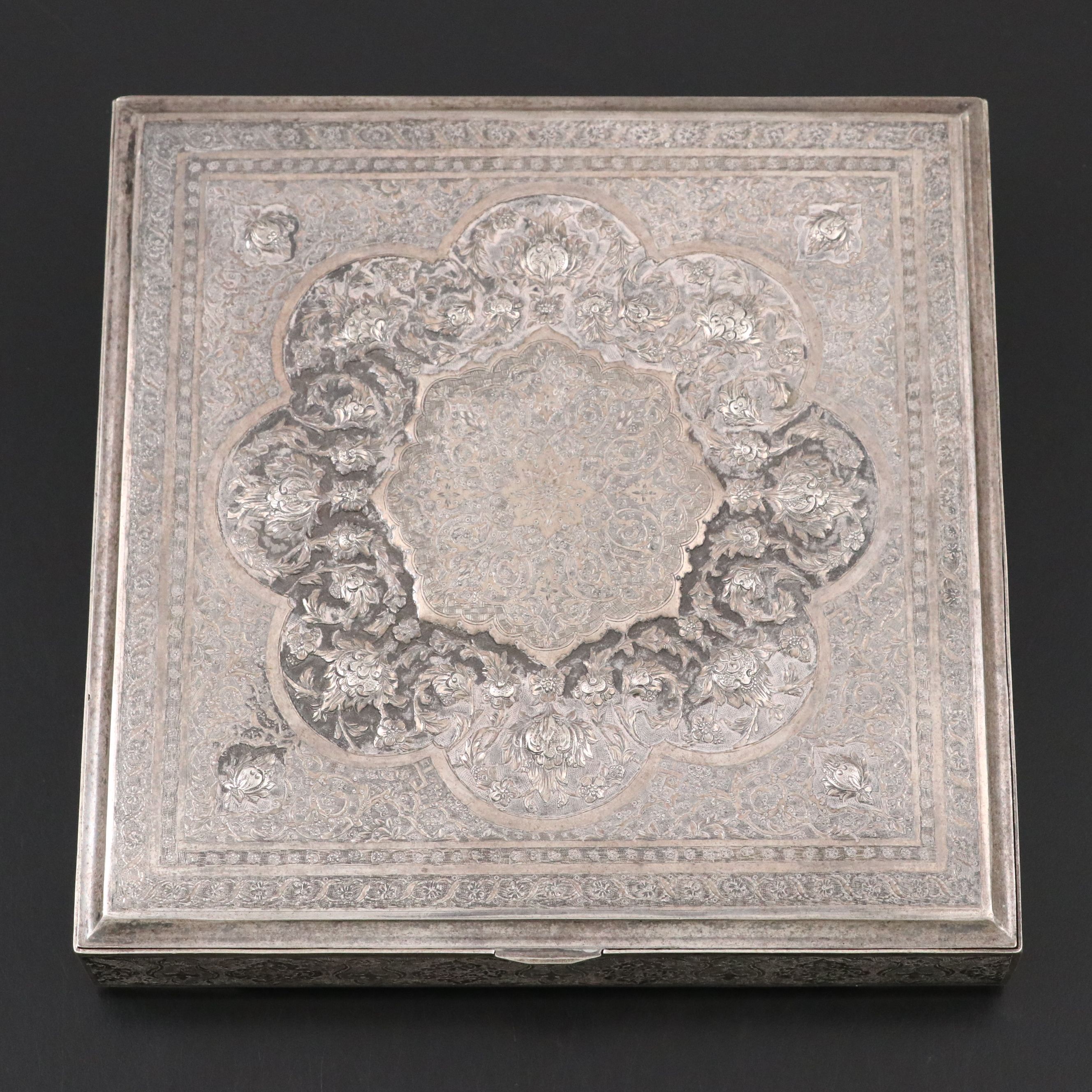 Persian Finely Chased 875 Silver Hinged Box, 20th Century
