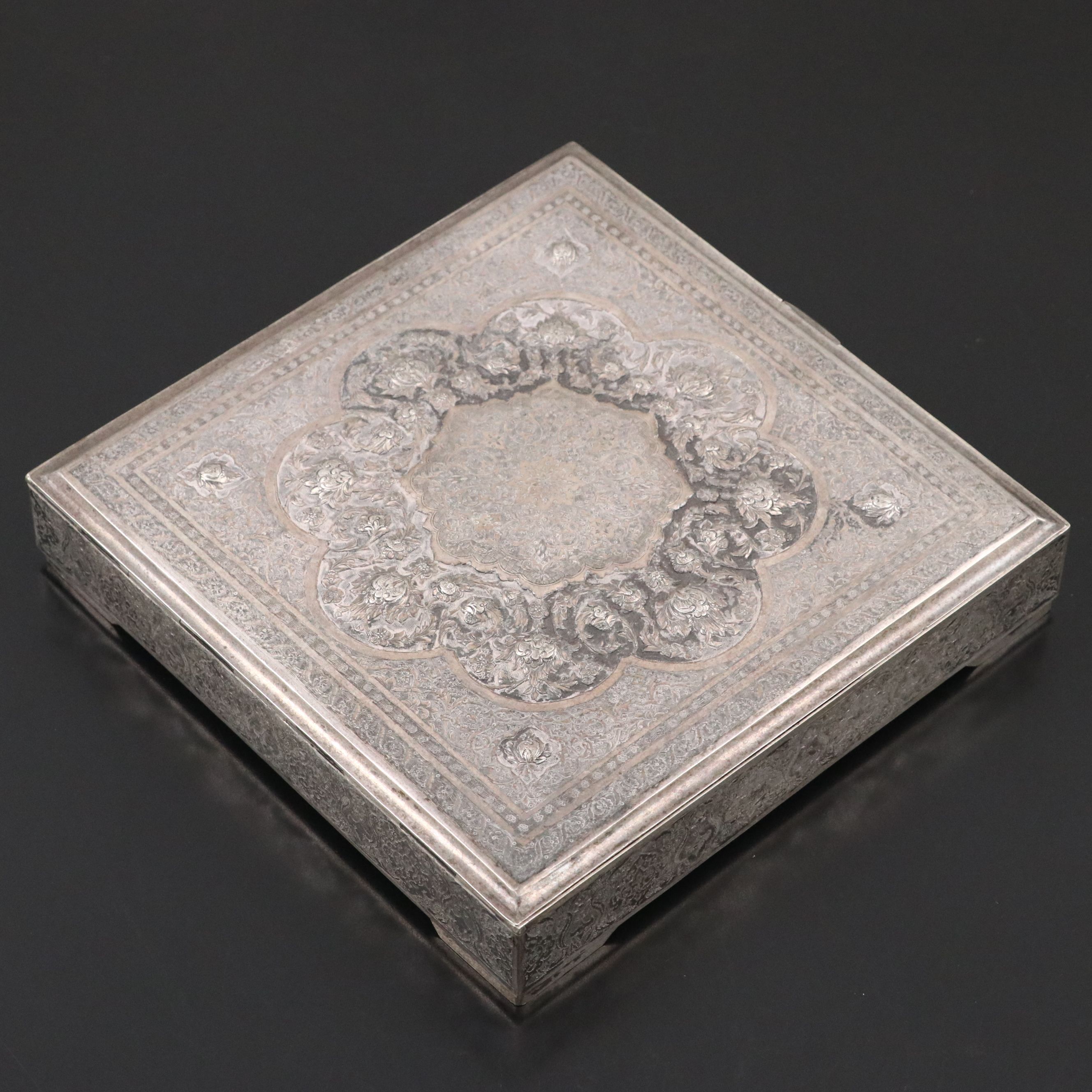 Persian Finely Chased 875 Silver Hinged Box, 20th Century