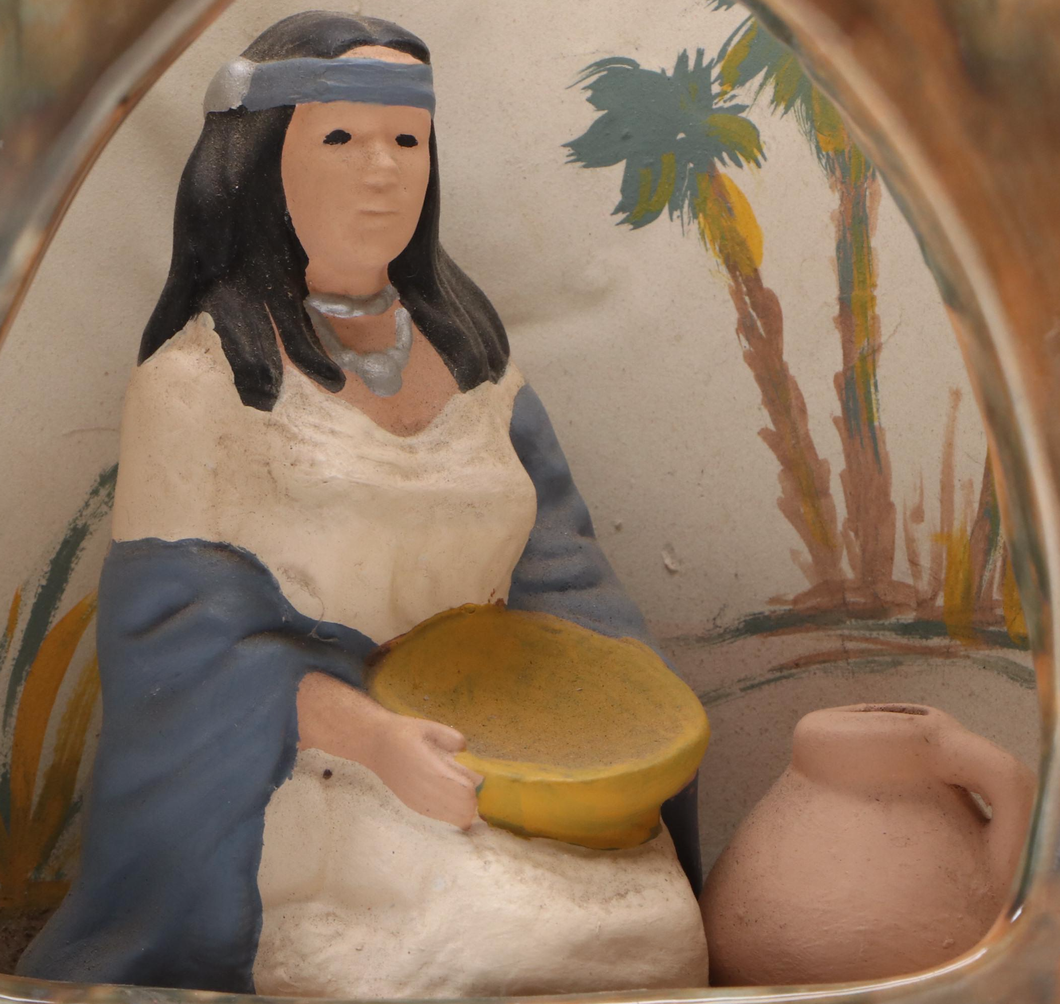 Figural Pottery Lamp with Woman Fetching Water