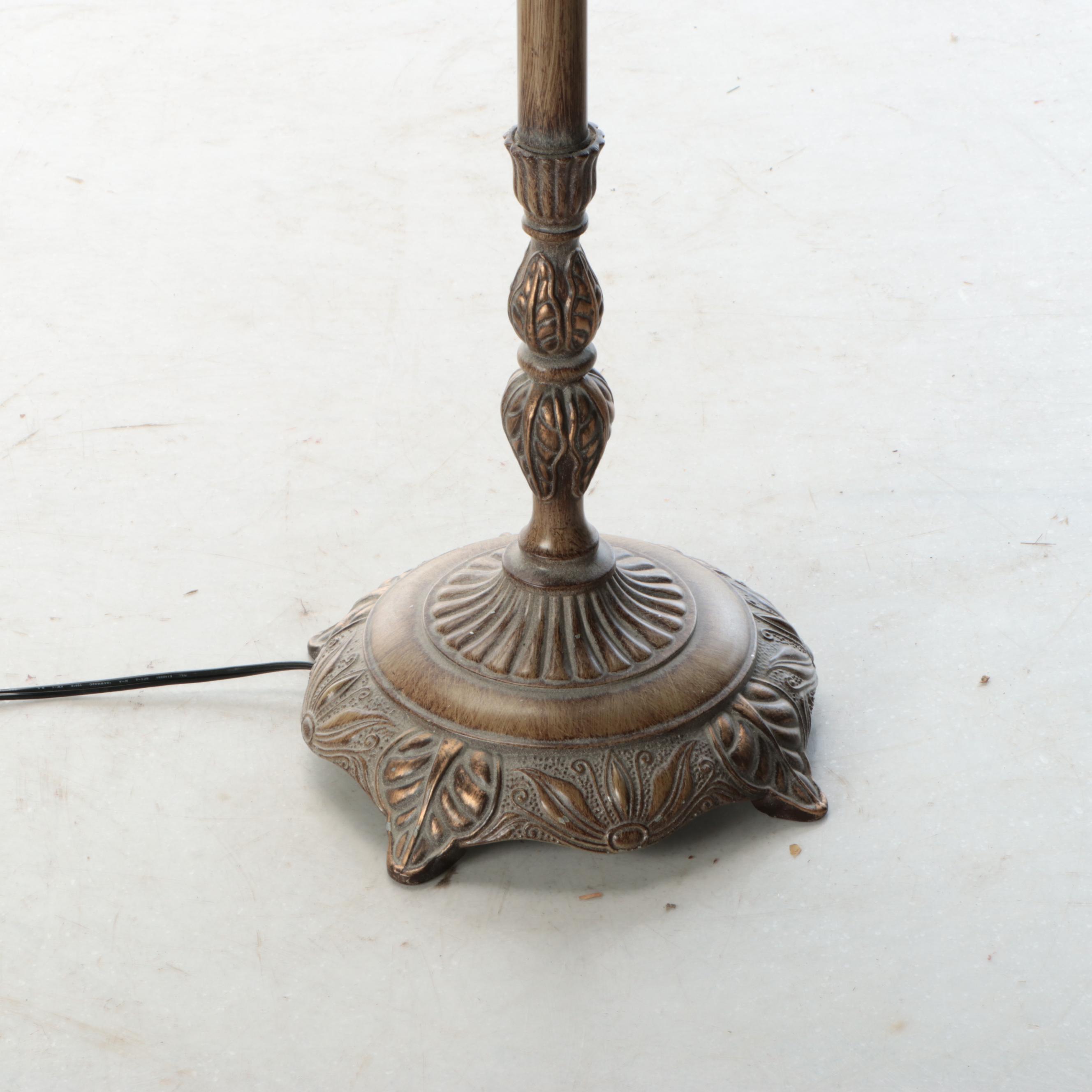 Neoclassical Bronzed Metal Torchère Floor Lamp with Alabaster Glass Petal Shade