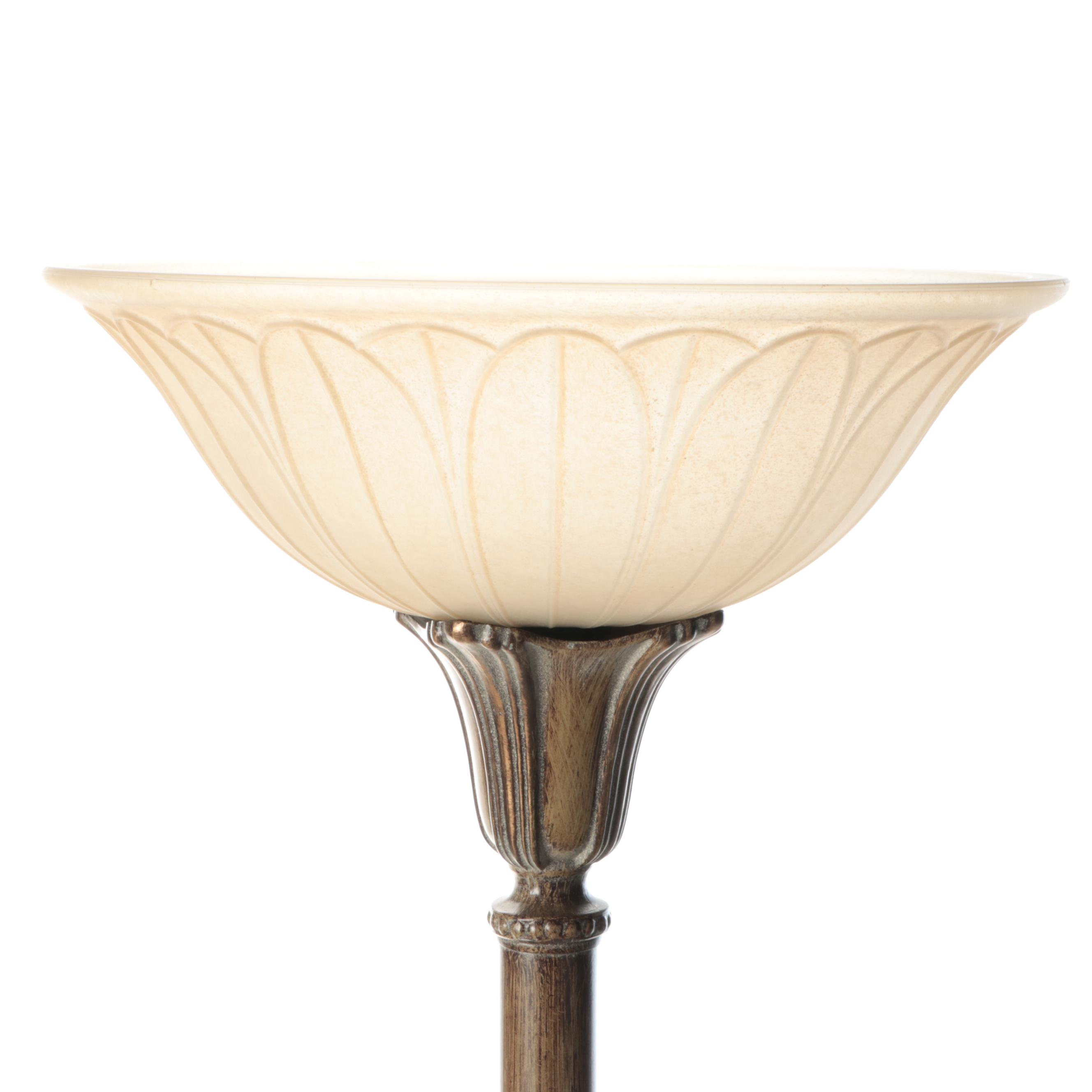 Neoclassical Bronzed Metal Torchère Floor Lamp with Alabaster Glass Petal Shade