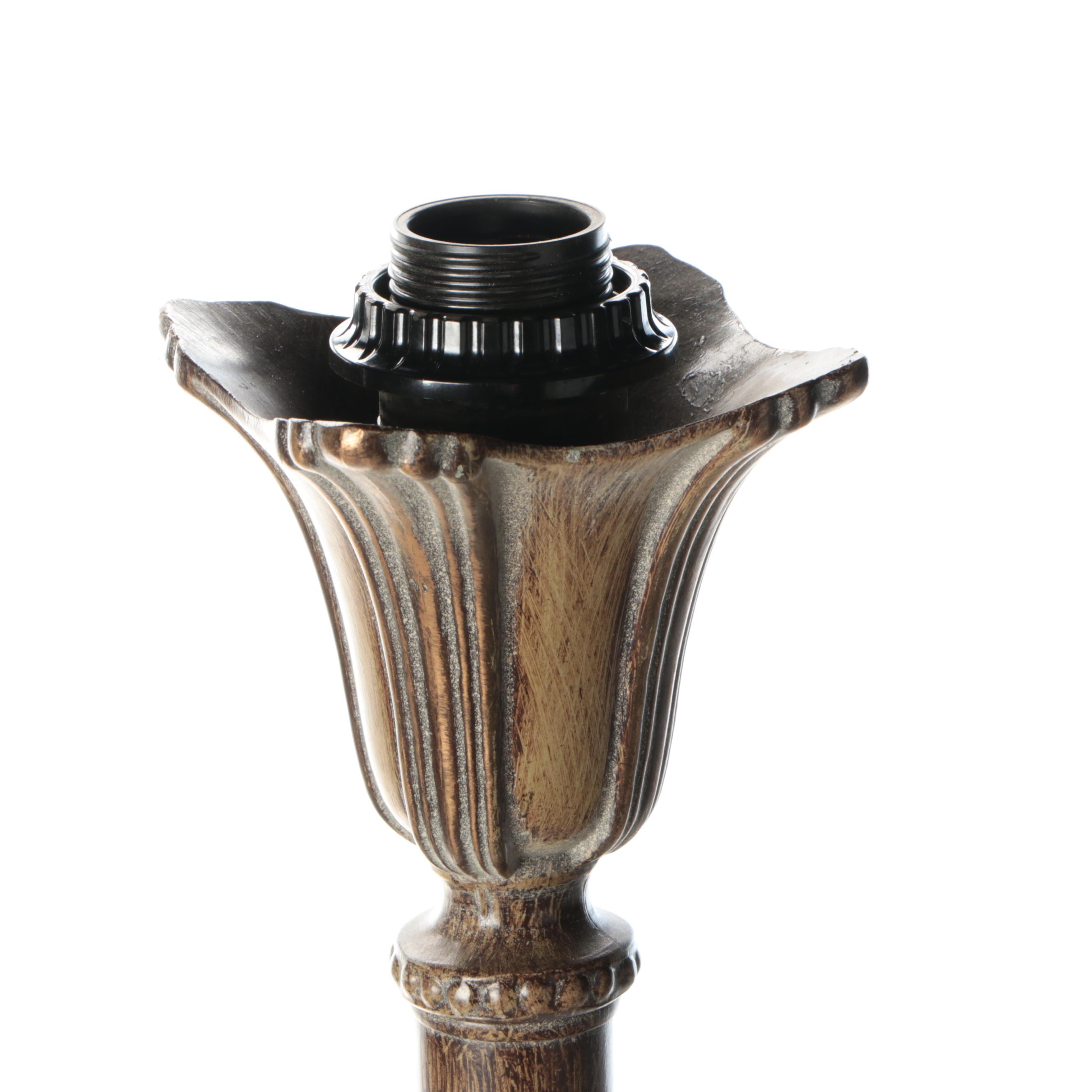 Neoclassical Bronzed Metal Torchère Floor Lamp with Alabaster Glass Petal Shade