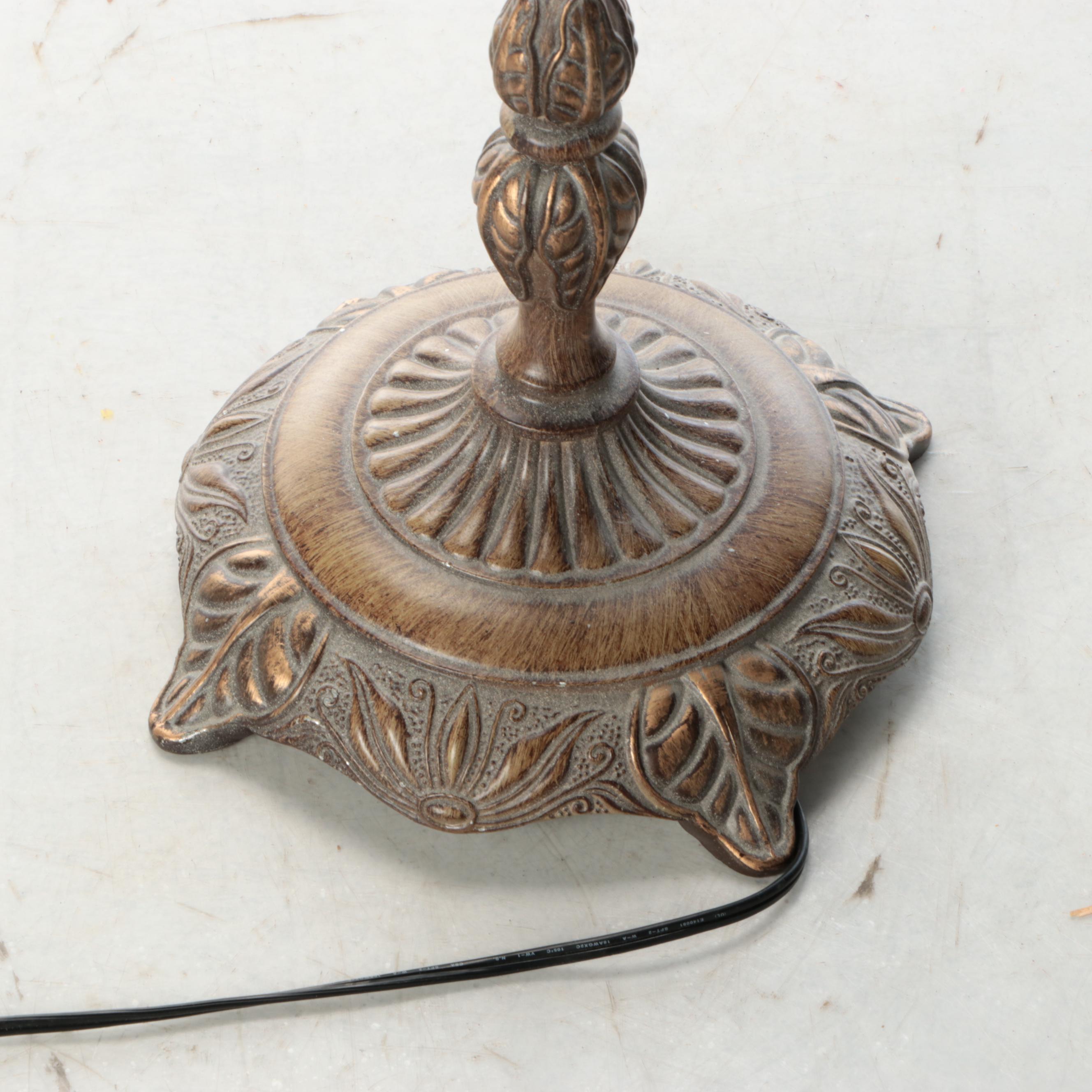 Neoclassical Bronzed Metal Torchère Floor Lamp with Alabaster Glass Petal Shade