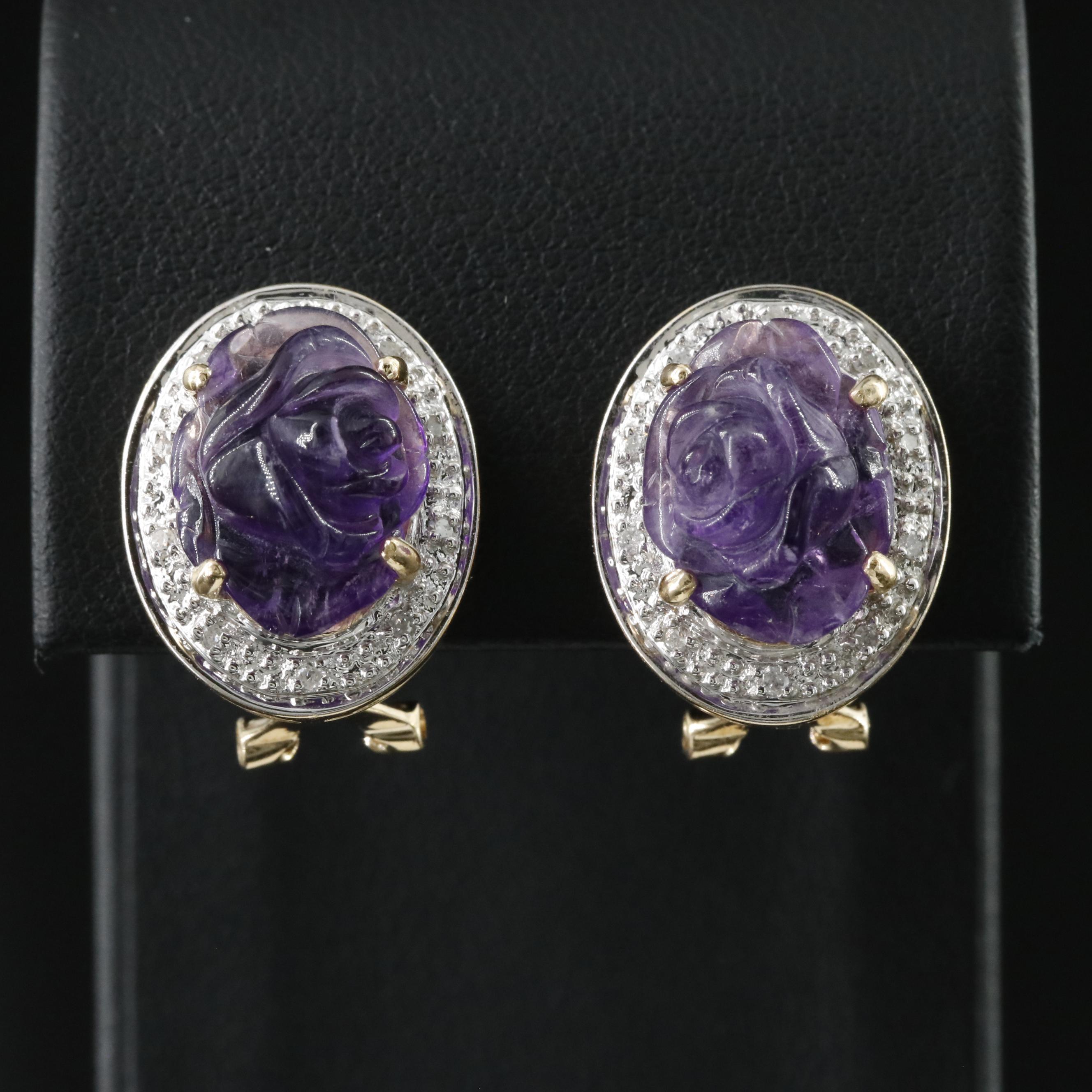 14K Amethyst and Diamond Carved Rose Earrings