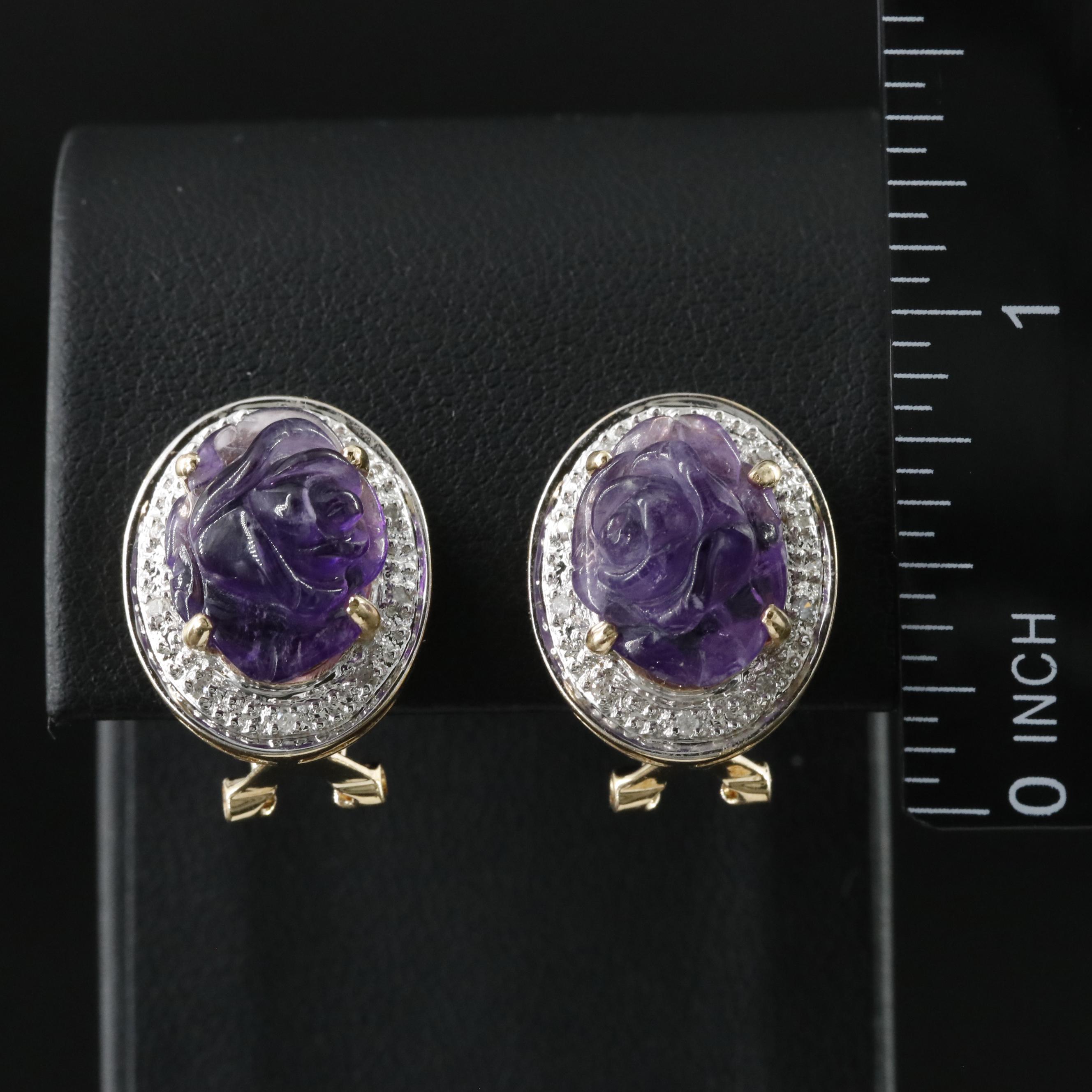 14K Amethyst and Diamond Carved Rose Earrings