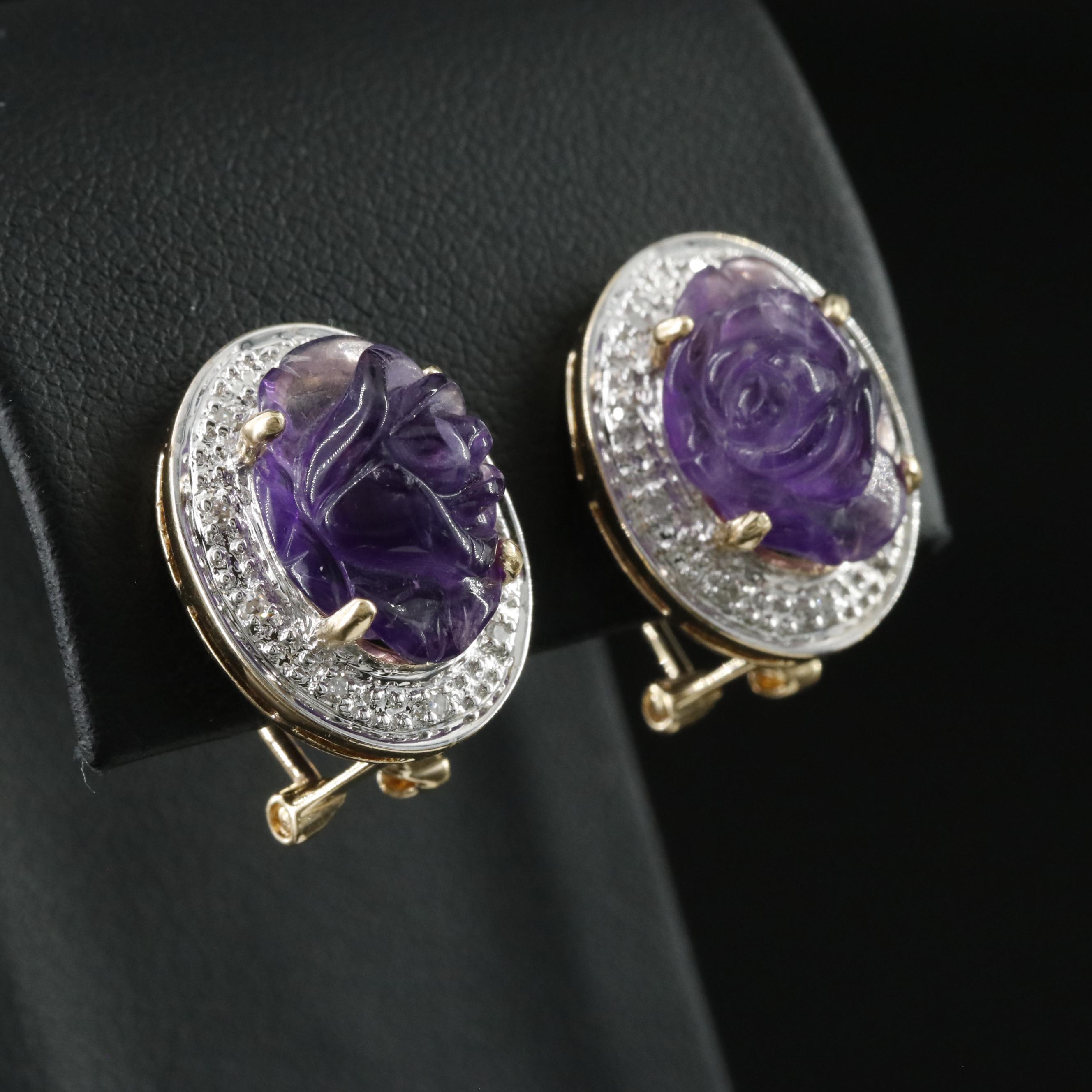 14K Amethyst and Diamond Carved Rose Earrings