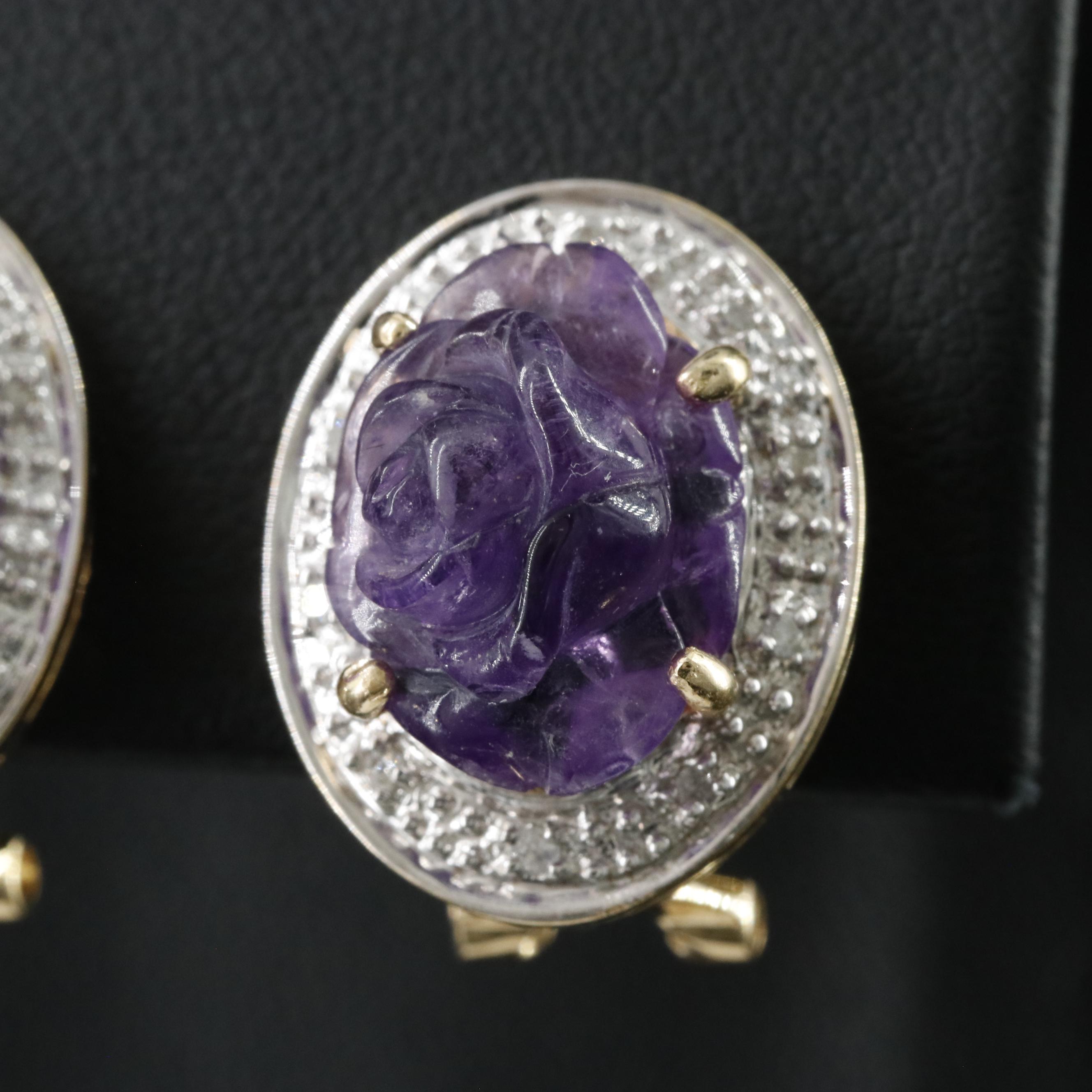 14K Amethyst and Diamond Carved Rose Earrings