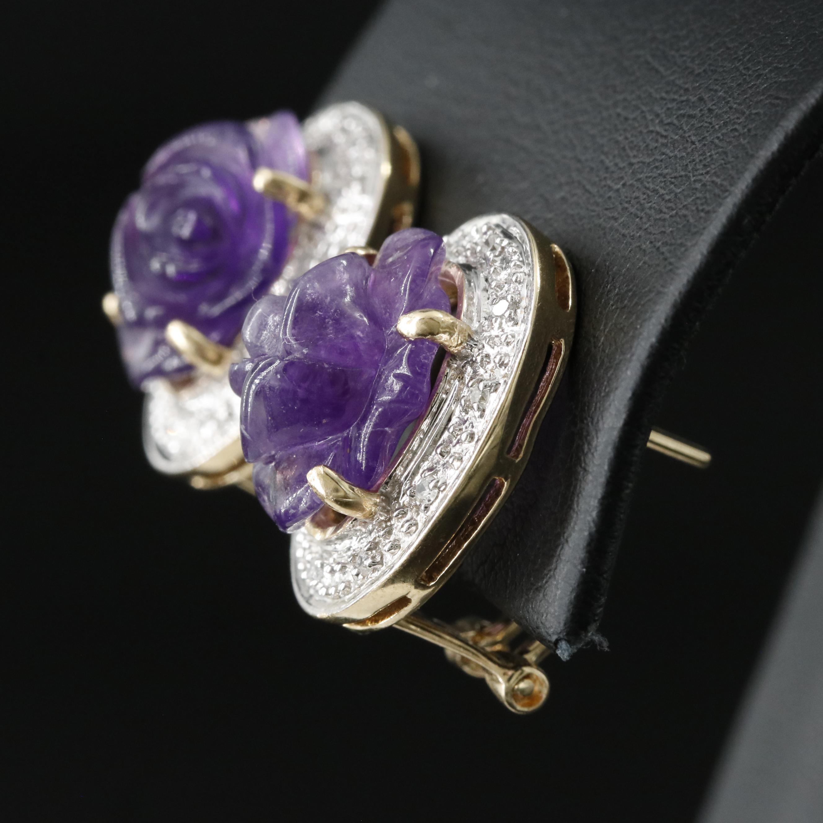 14K Amethyst and Diamond Carved Rose Earrings
