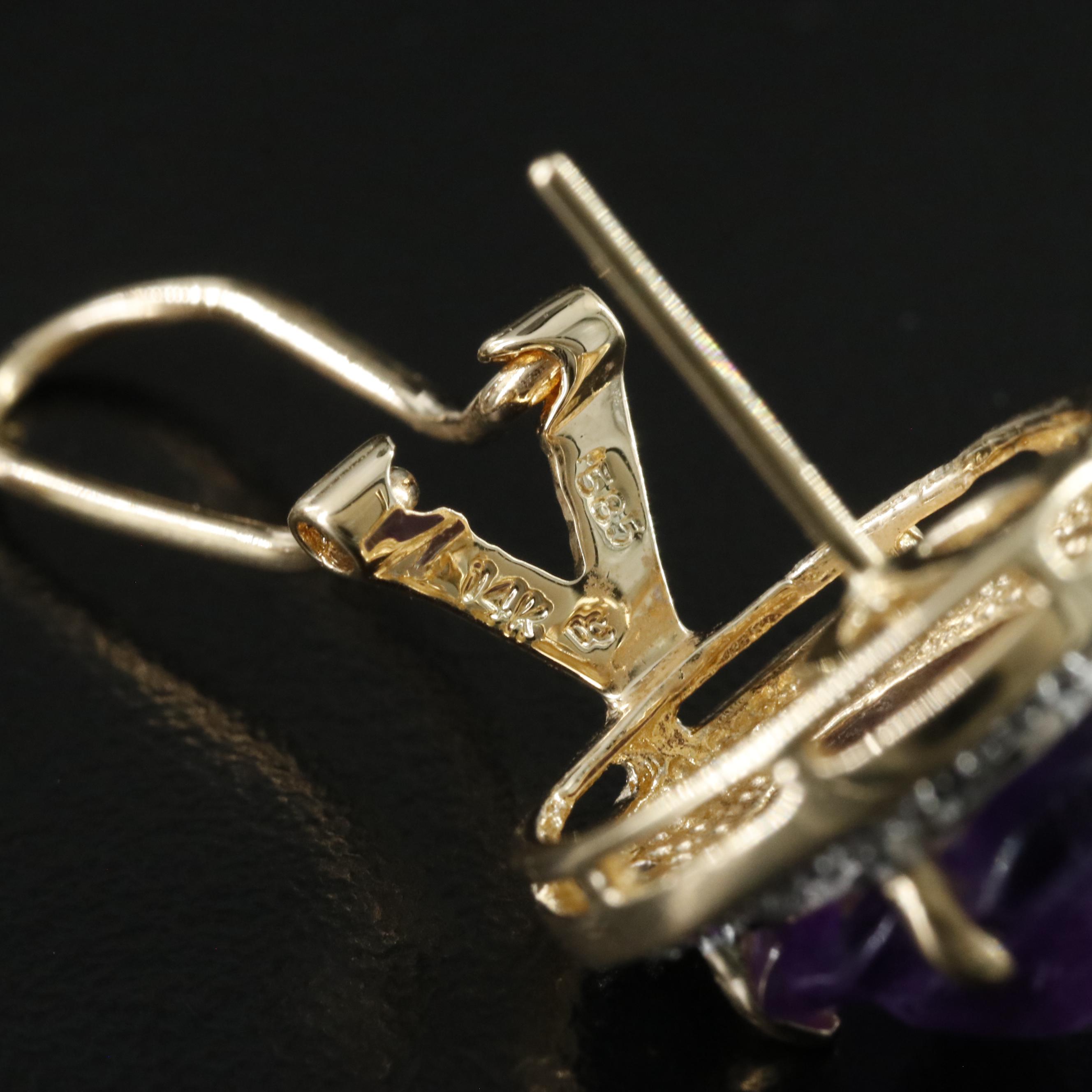 14K Amethyst and Diamond Carved Rose Earrings