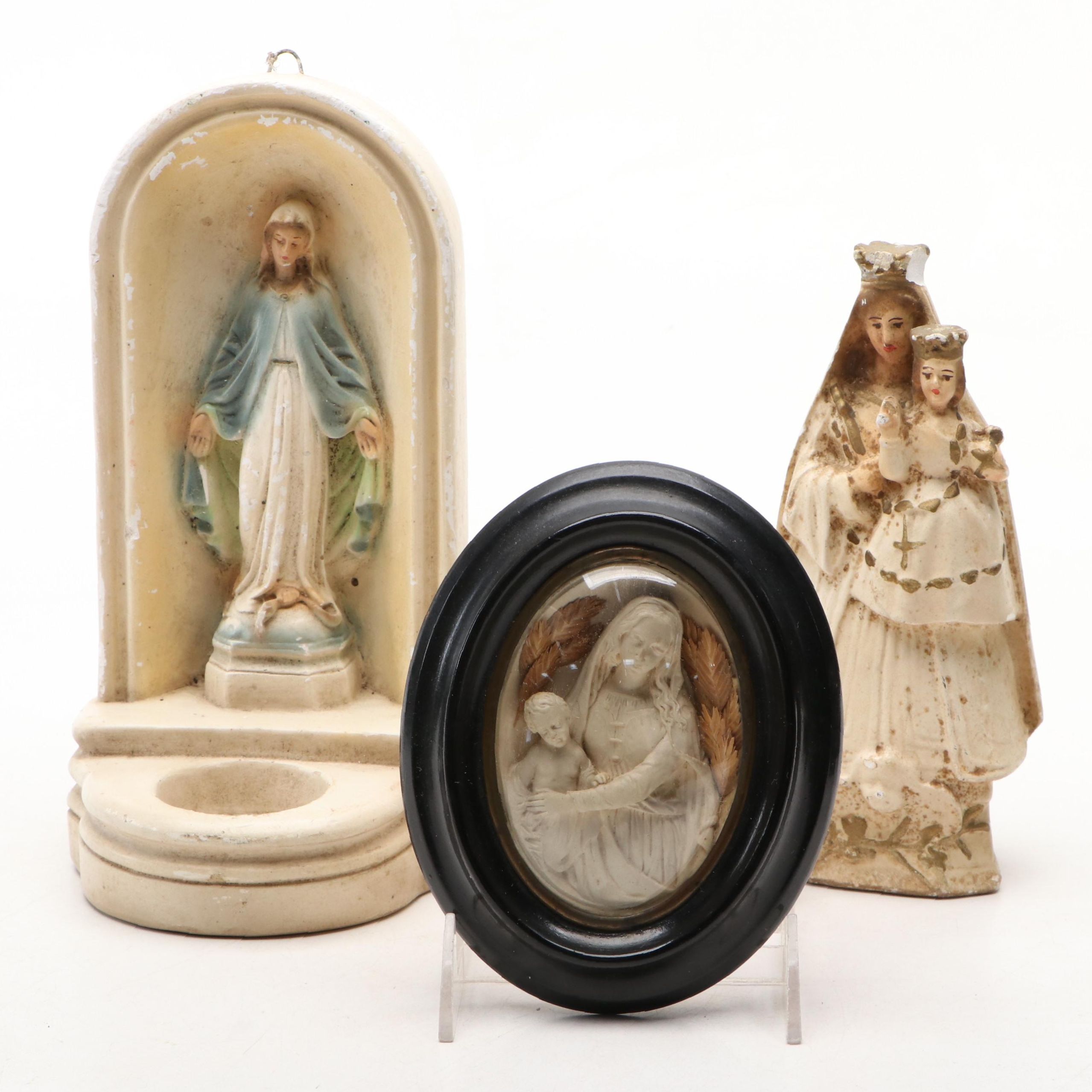 Chalkware Virgin Mary Votive Candle Wall Hanging, Figurine and Wall Medallion