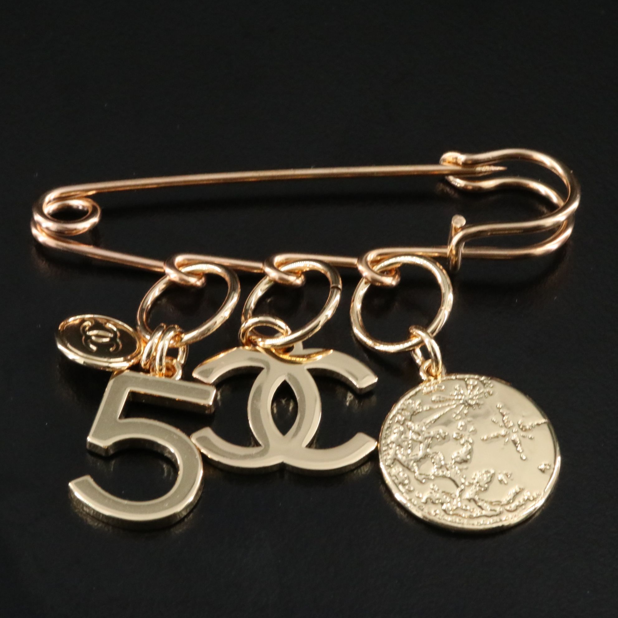 Chanel CC Safety Pin Brooch with Charms