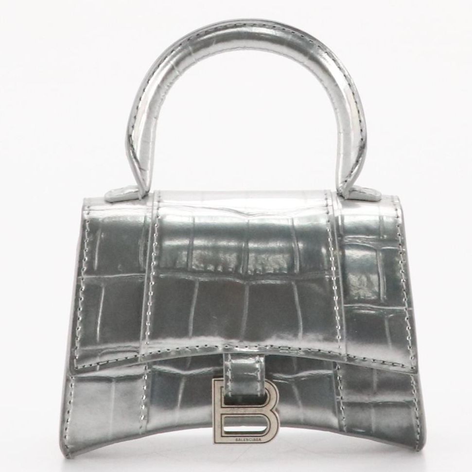 Balenciaga Hourglass Mini Bag in Shiny Silver Croc Embossed Calfskin Leather