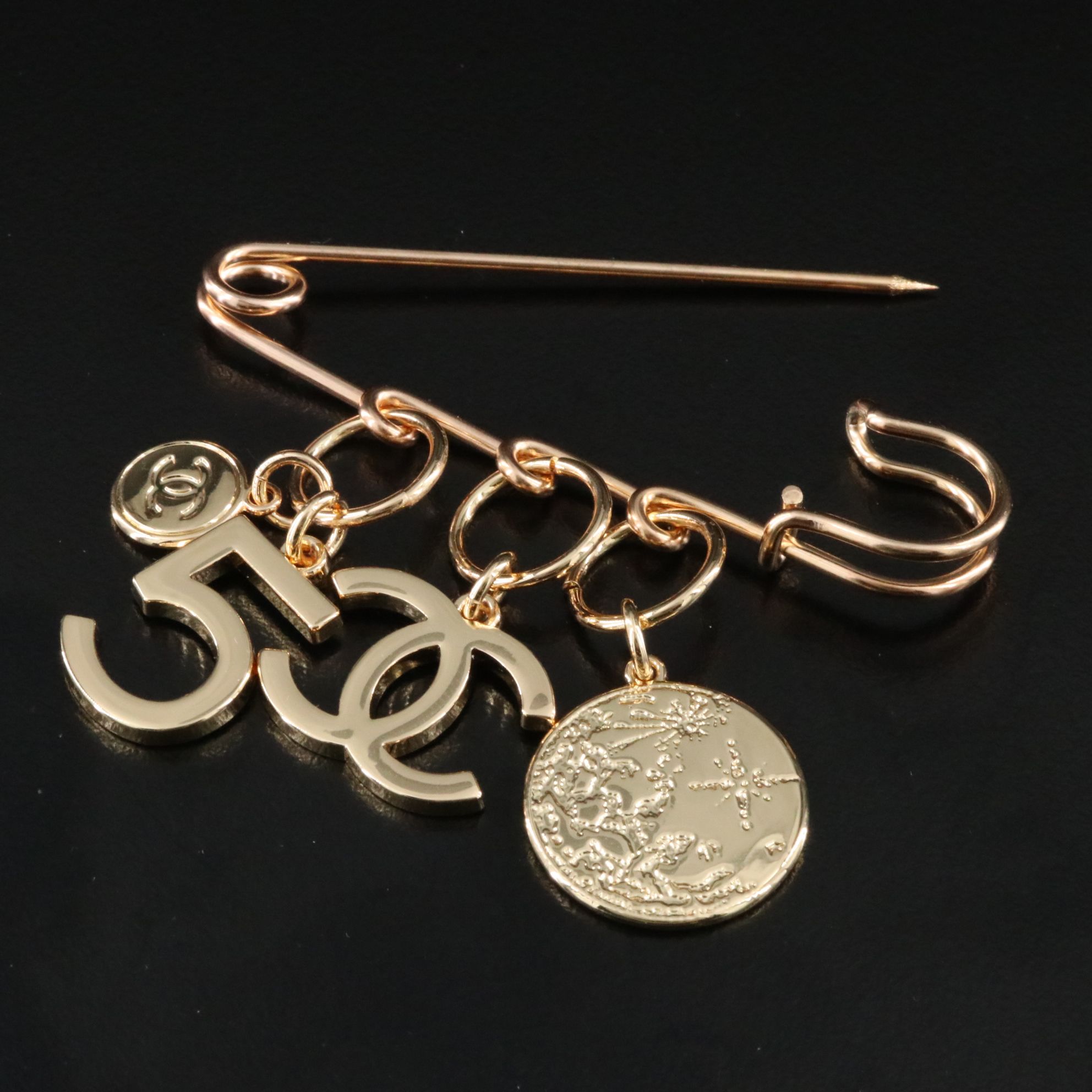 Chanel CC Safety Pin Brooch with Charms