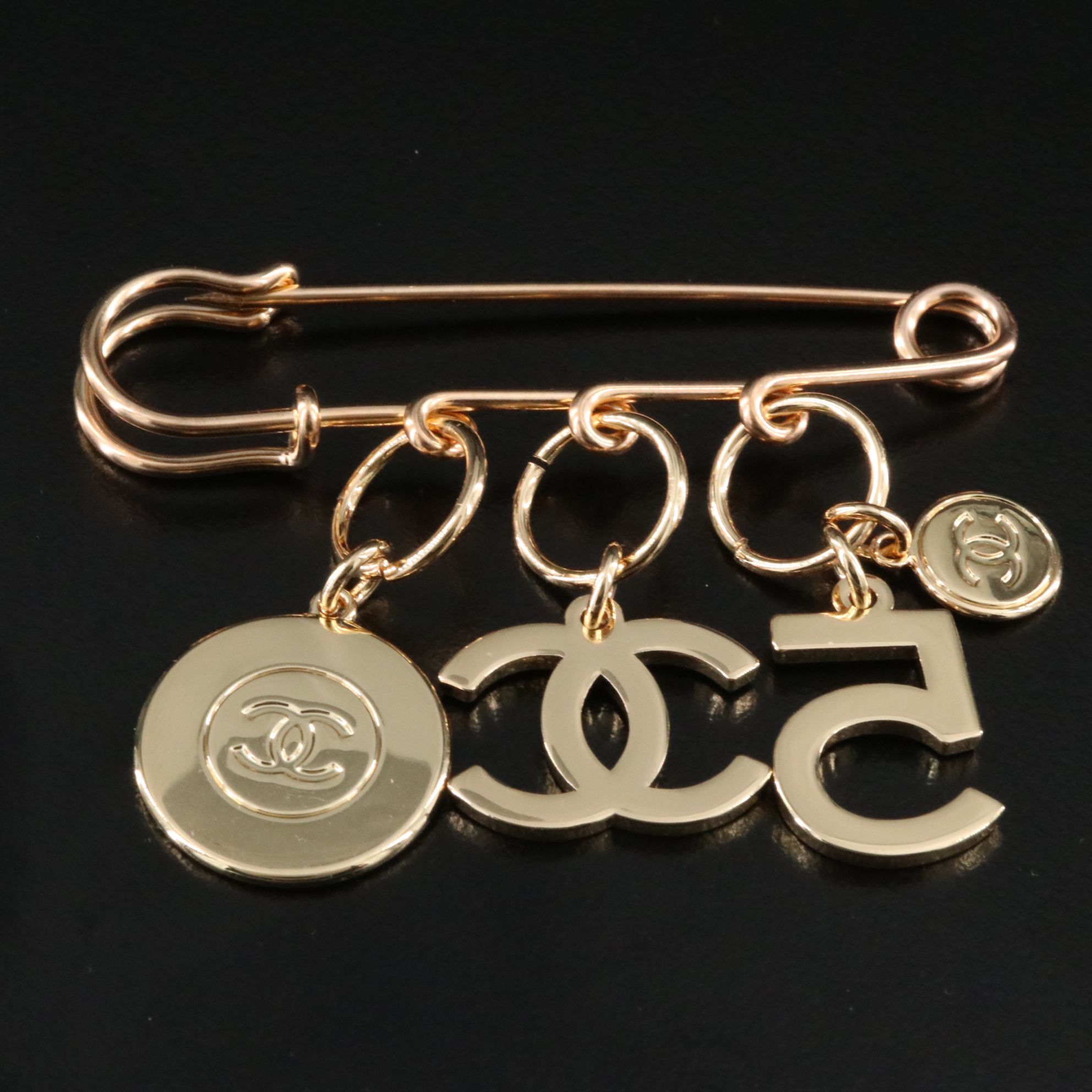 Chanel CC Safety Pin Brooch with Charms