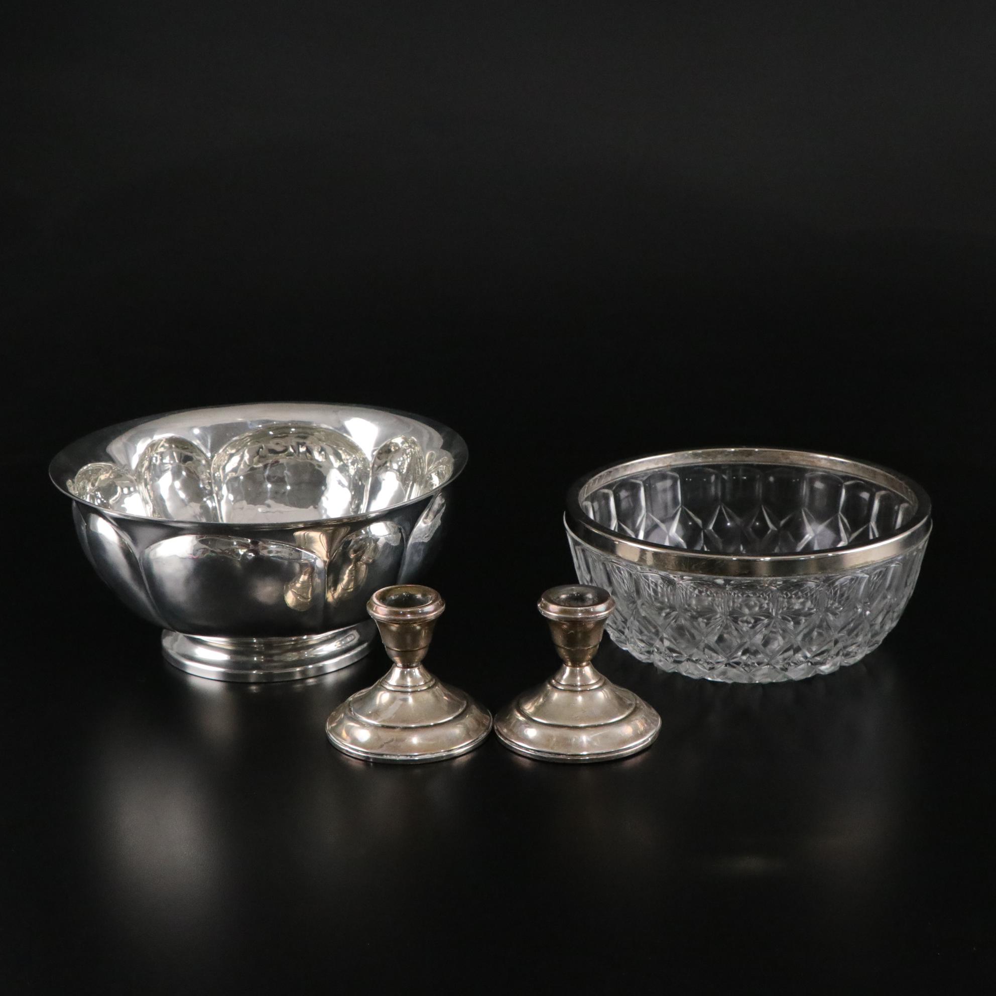 Sterling Silver Candle Holder with Silver Plate Centerpiece Bowls