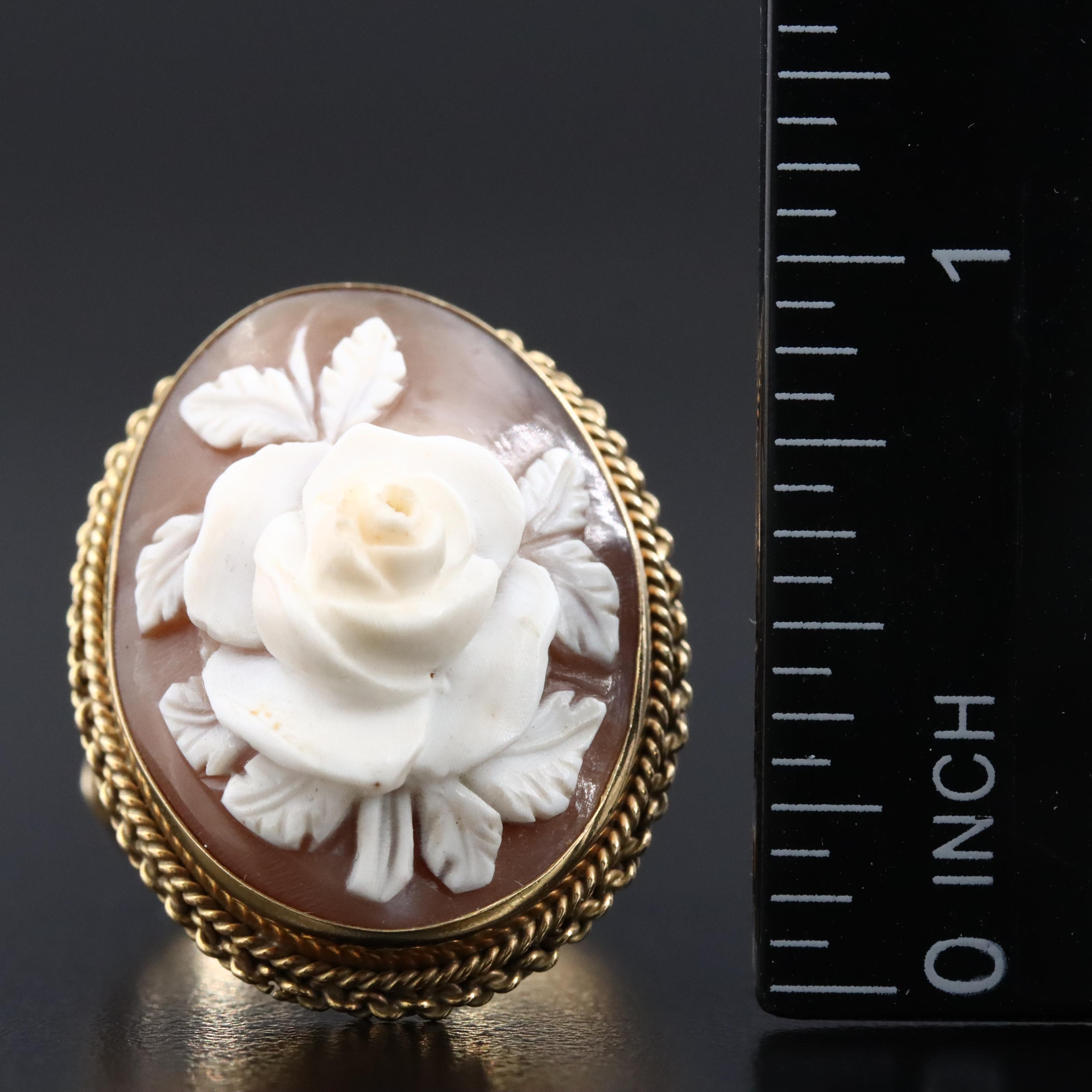 Vintage 18K Shell Carved Rose Cameo Ring
