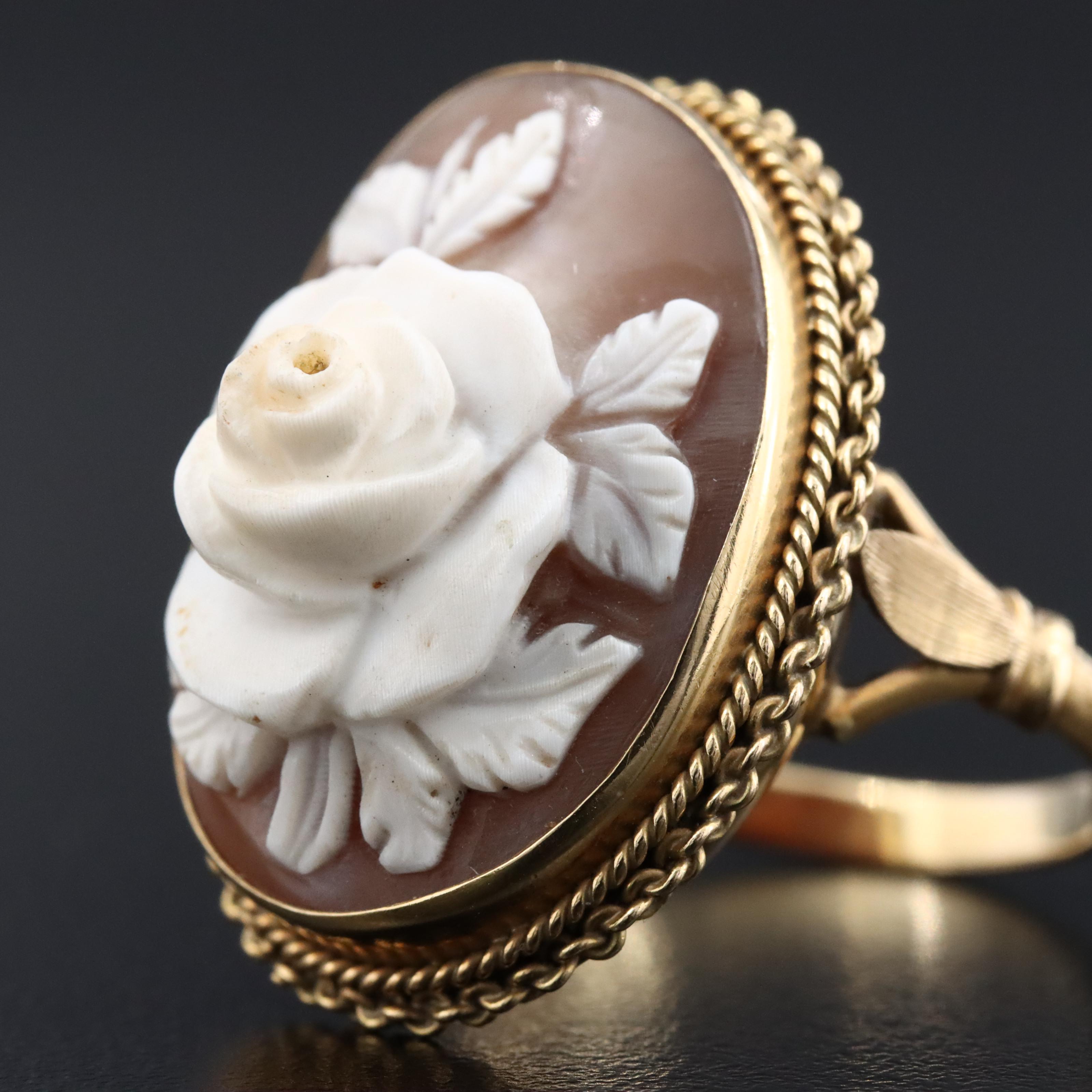 Vintage 18K Shell Carved Rose Cameo Ring