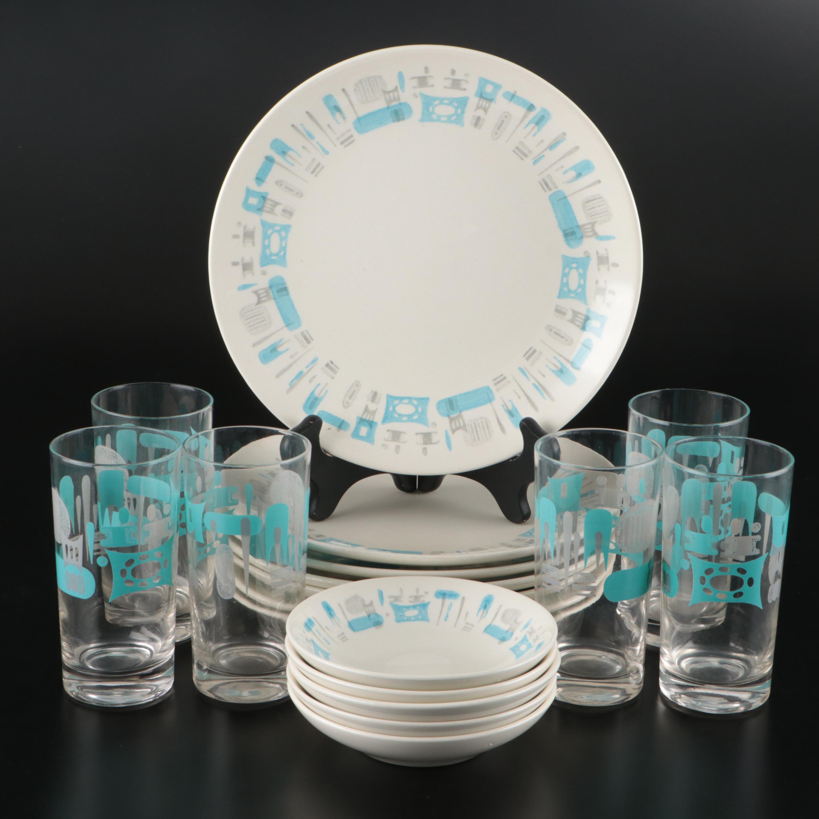 Royal "Blue Heaven" Ceramic Dinner Plates, Fruit Bowls and Glass Tumblers