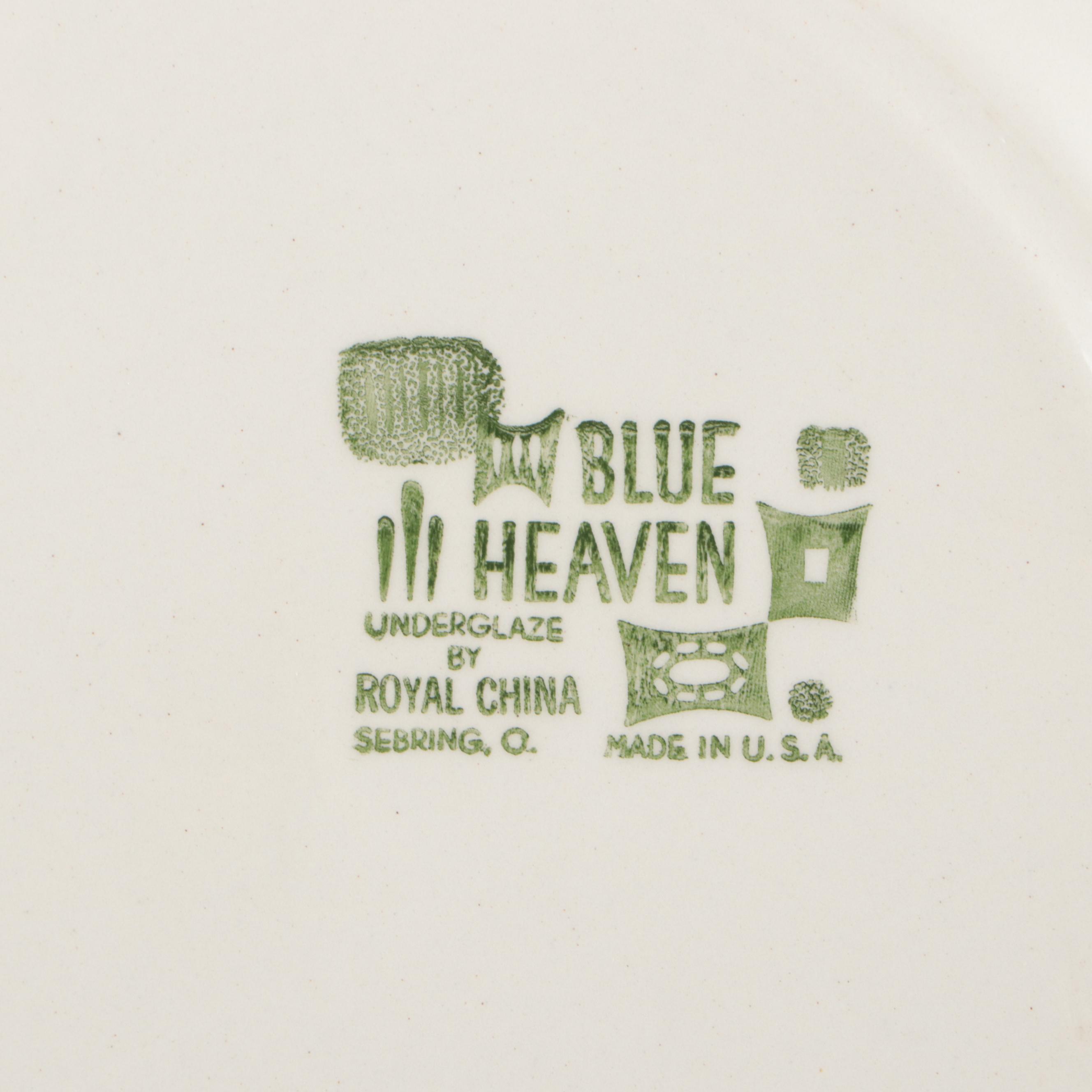 Royal "Blue Heaven" Ceramic Dinner Plates, Fruit Bowls and Glass Tumblers