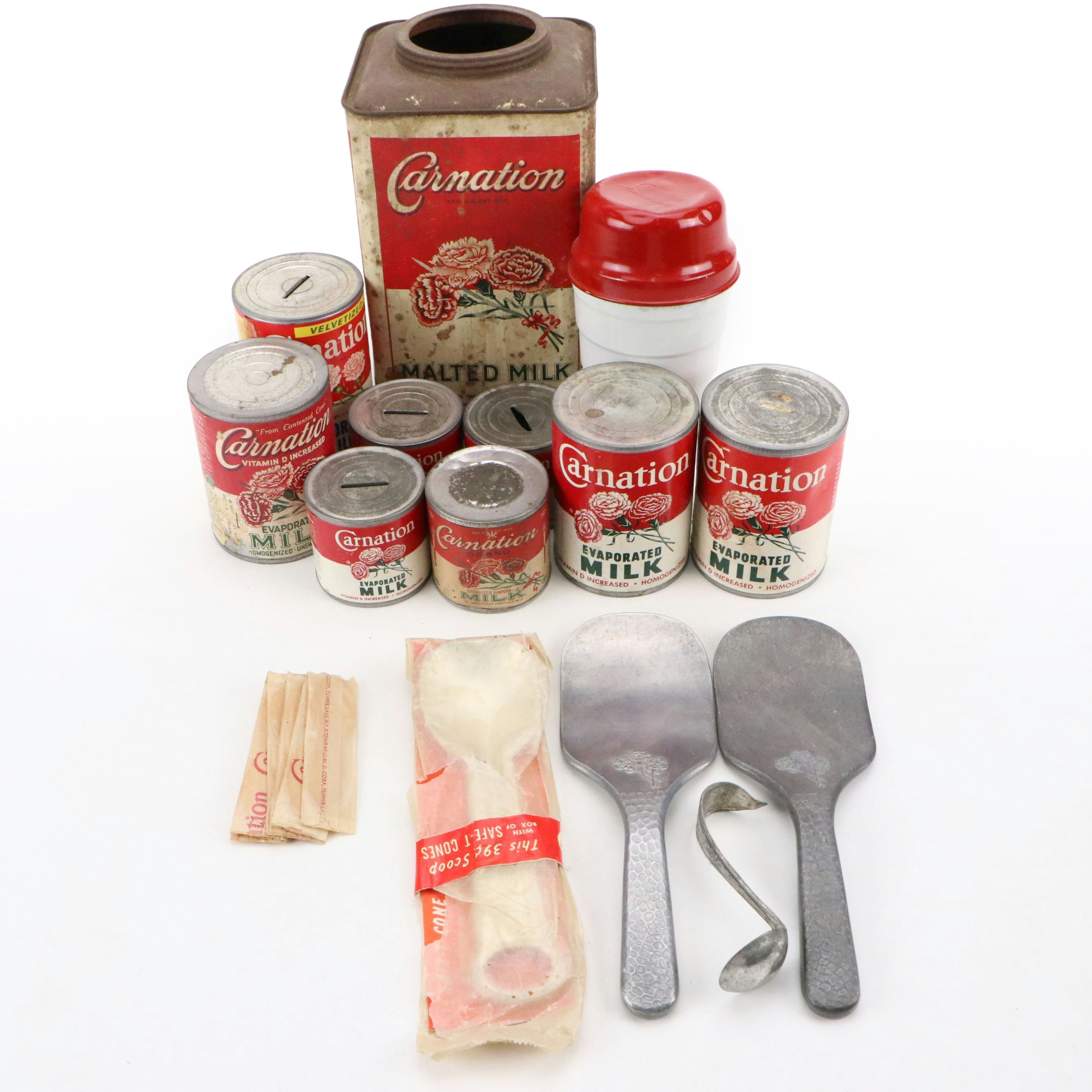 Carnation Evaporated Milk Coin Banks, Tin and Ice Cream Scoops, Mid-20th Century