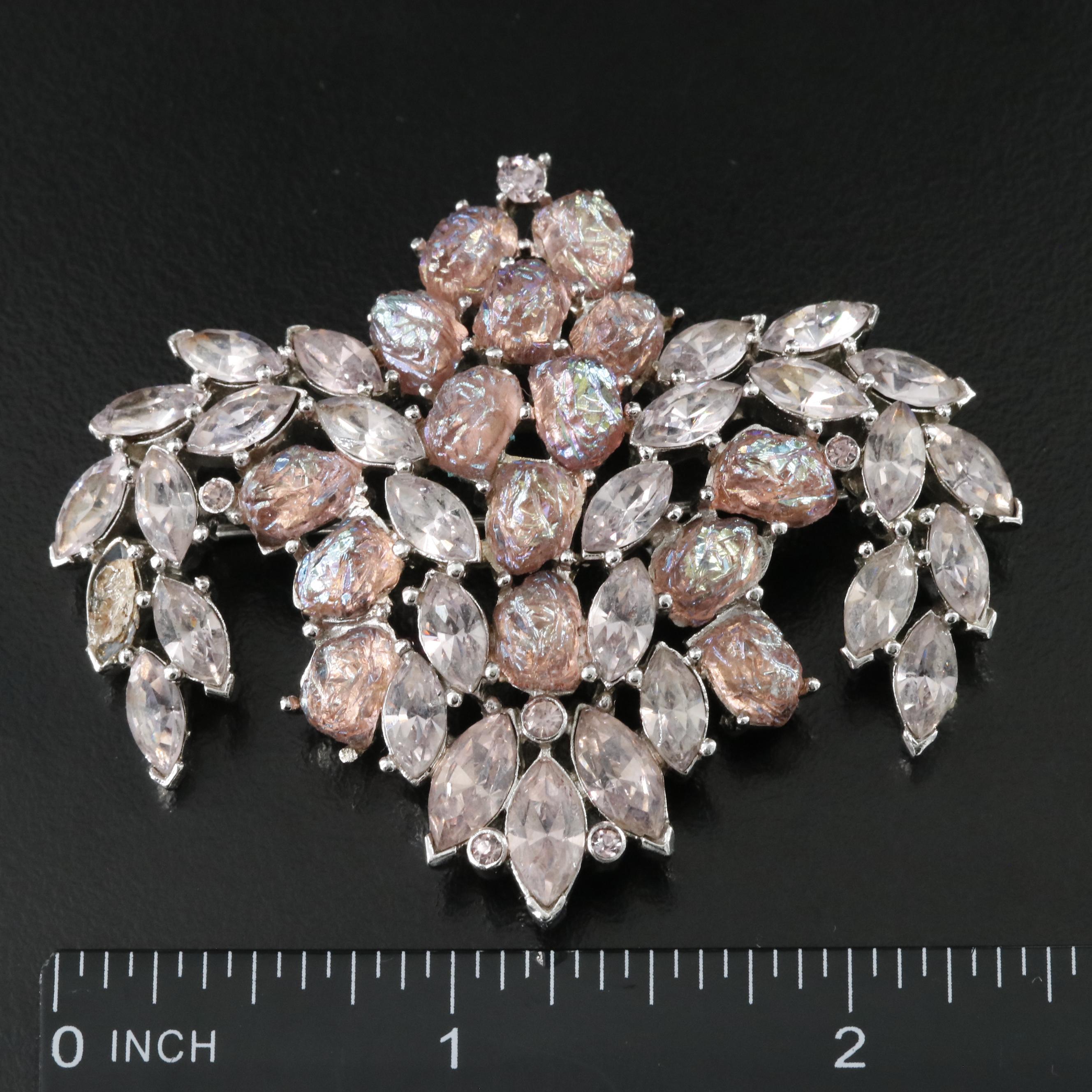 Vintage Crown Trifari Rhinestone and Lava Glass Brooch and Earrings Set