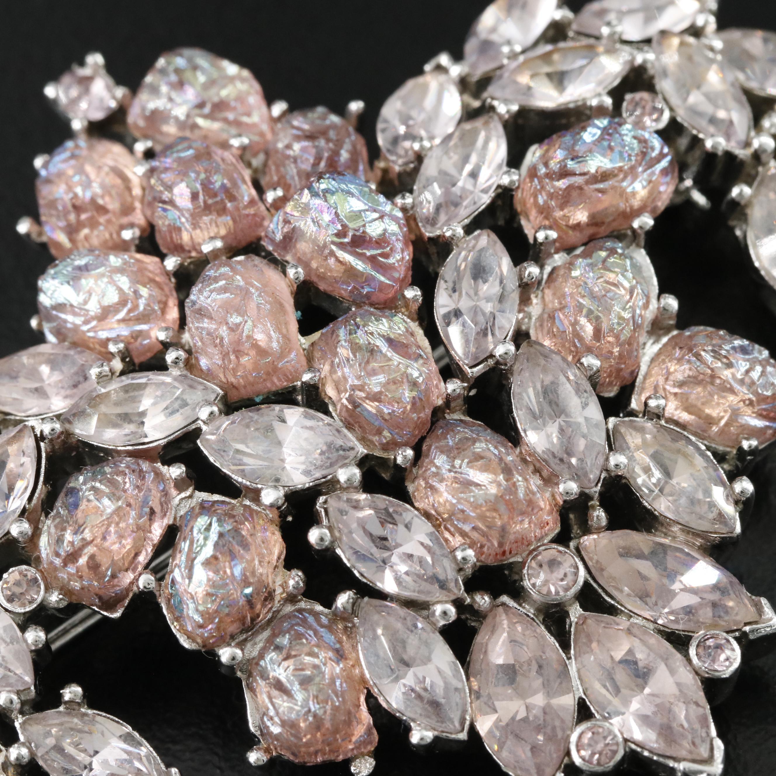 Vintage Crown Trifari Rhinestone and Lava Glass Brooch and Earrings Set