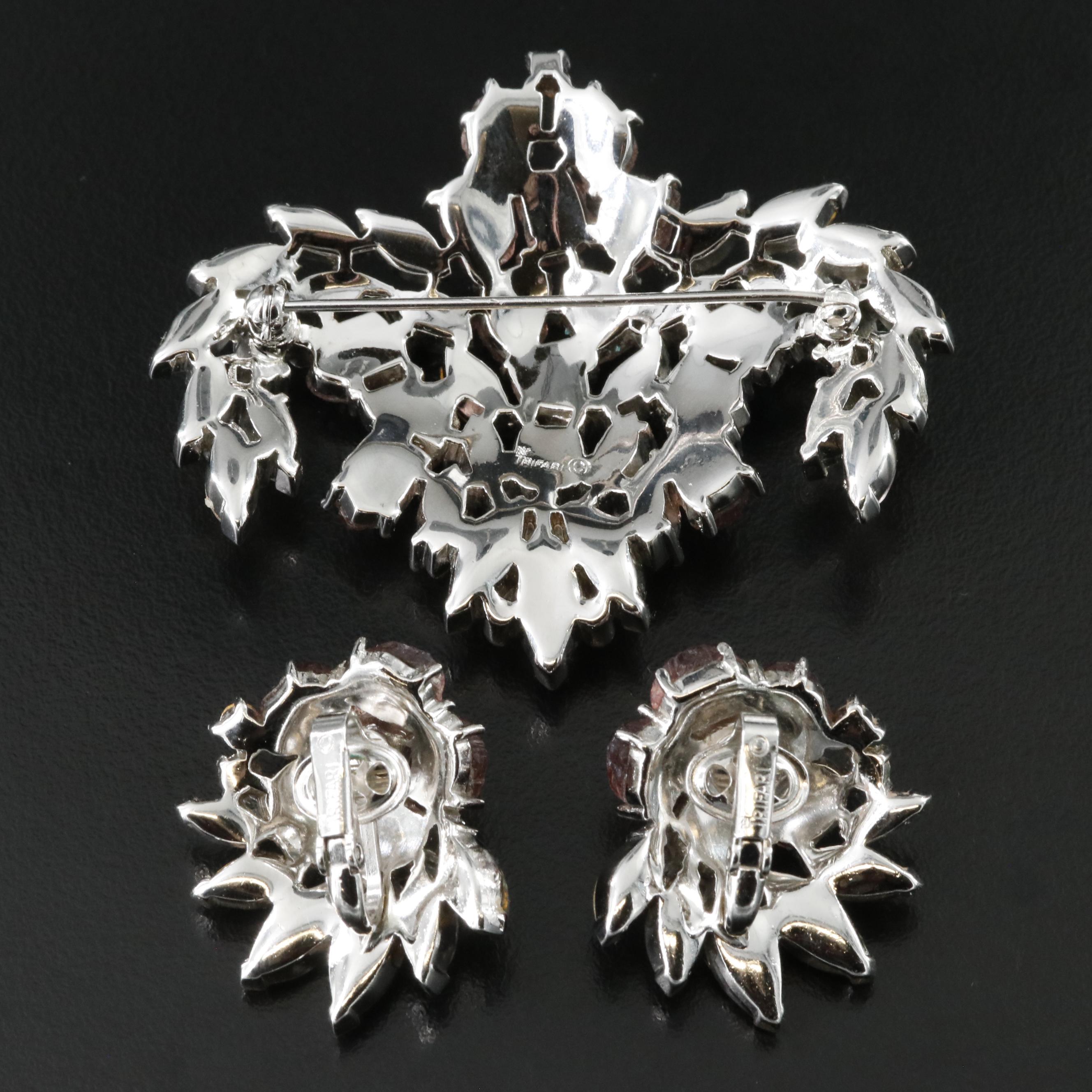 Vintage Crown Trifari Rhinestone and Lava Glass Brooch and Earrings Set