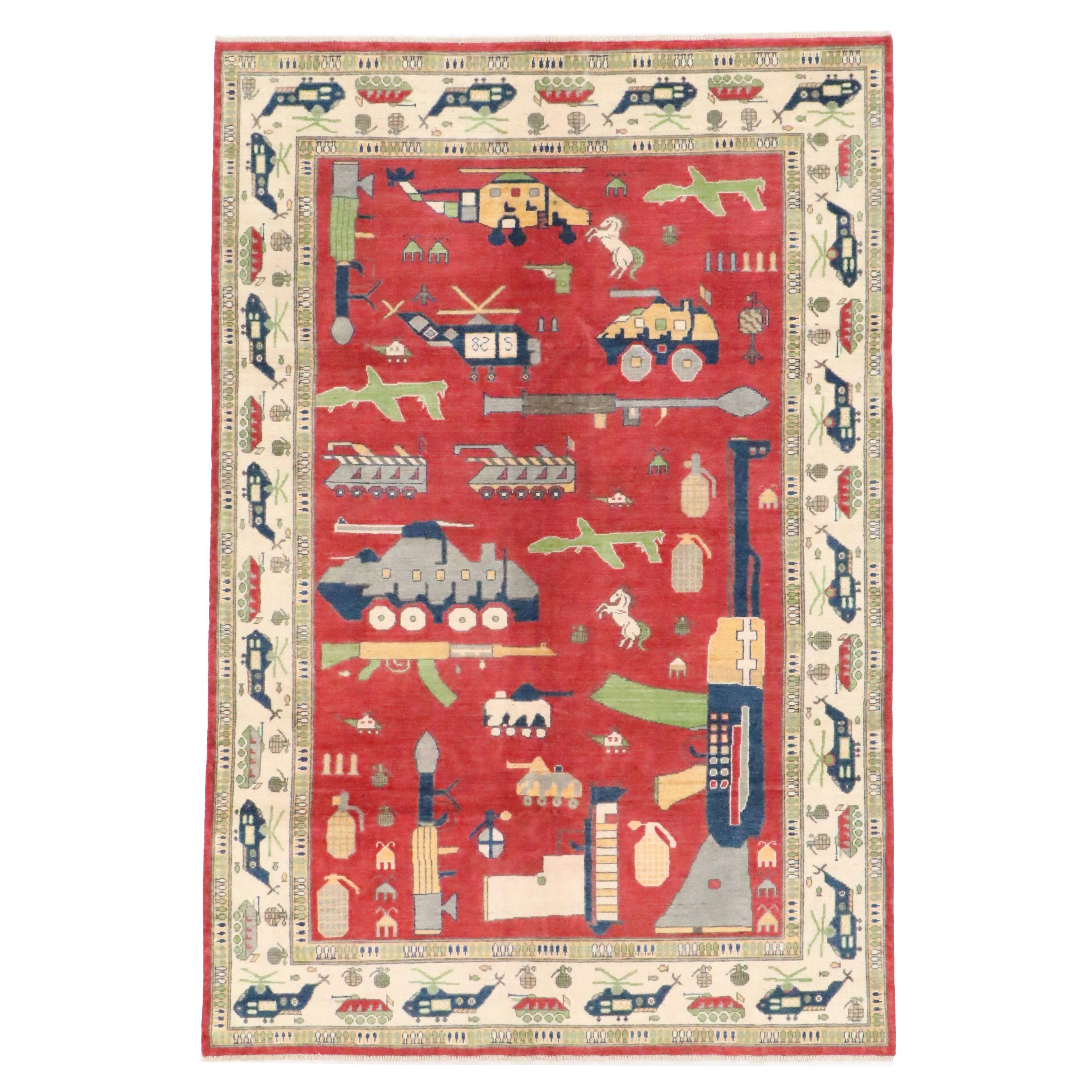 6'6 x 9'10 Hand-Knotted Afghan Pictorial War Rug Area Rug