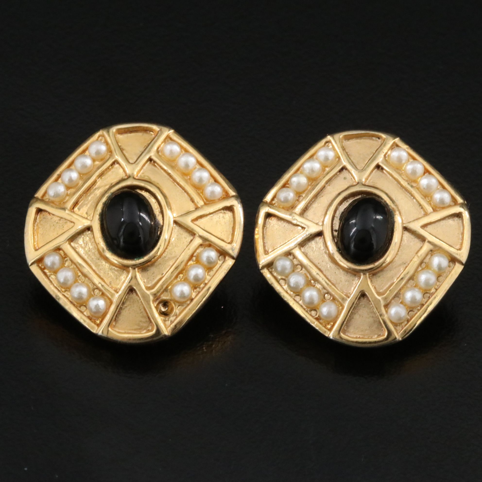 Black Onyx and Faux Pearl Clip Earrings