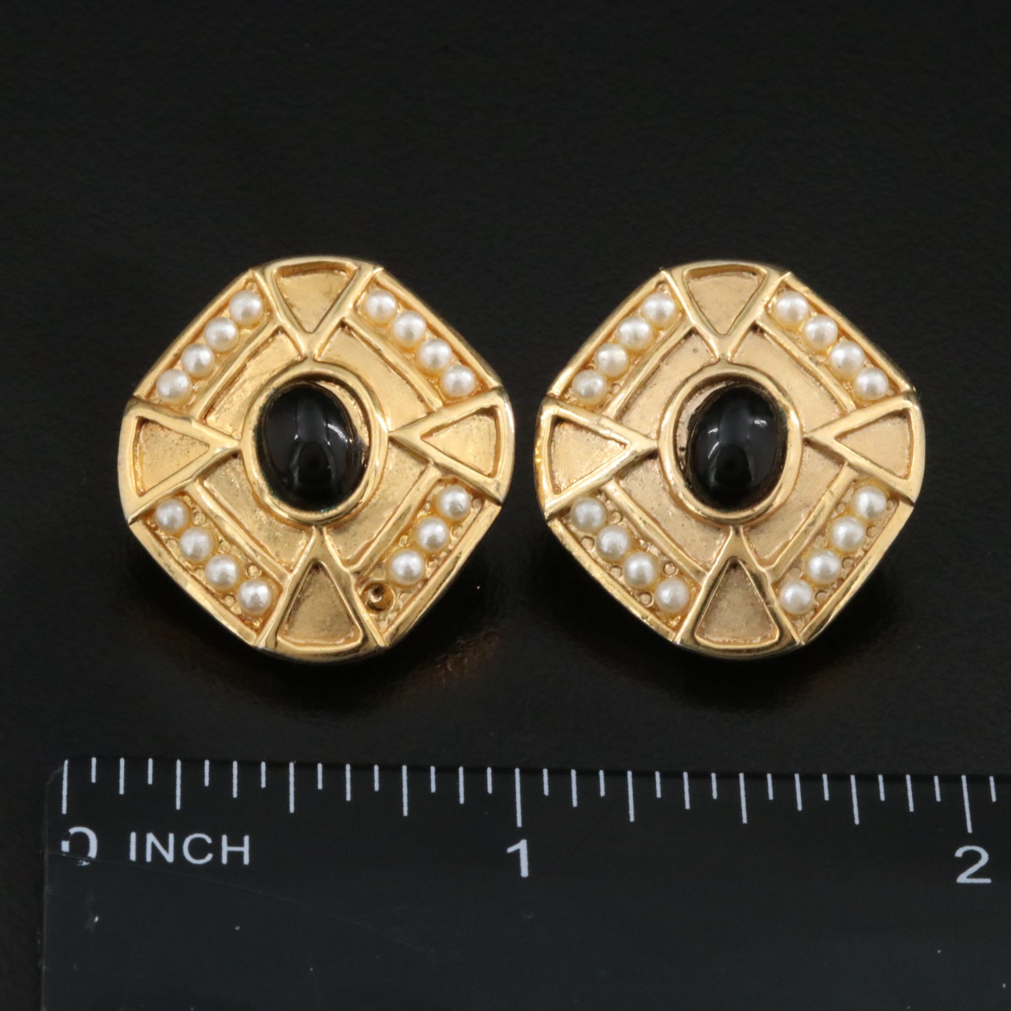 Black Onyx and Faux Pearl Clip Earrings