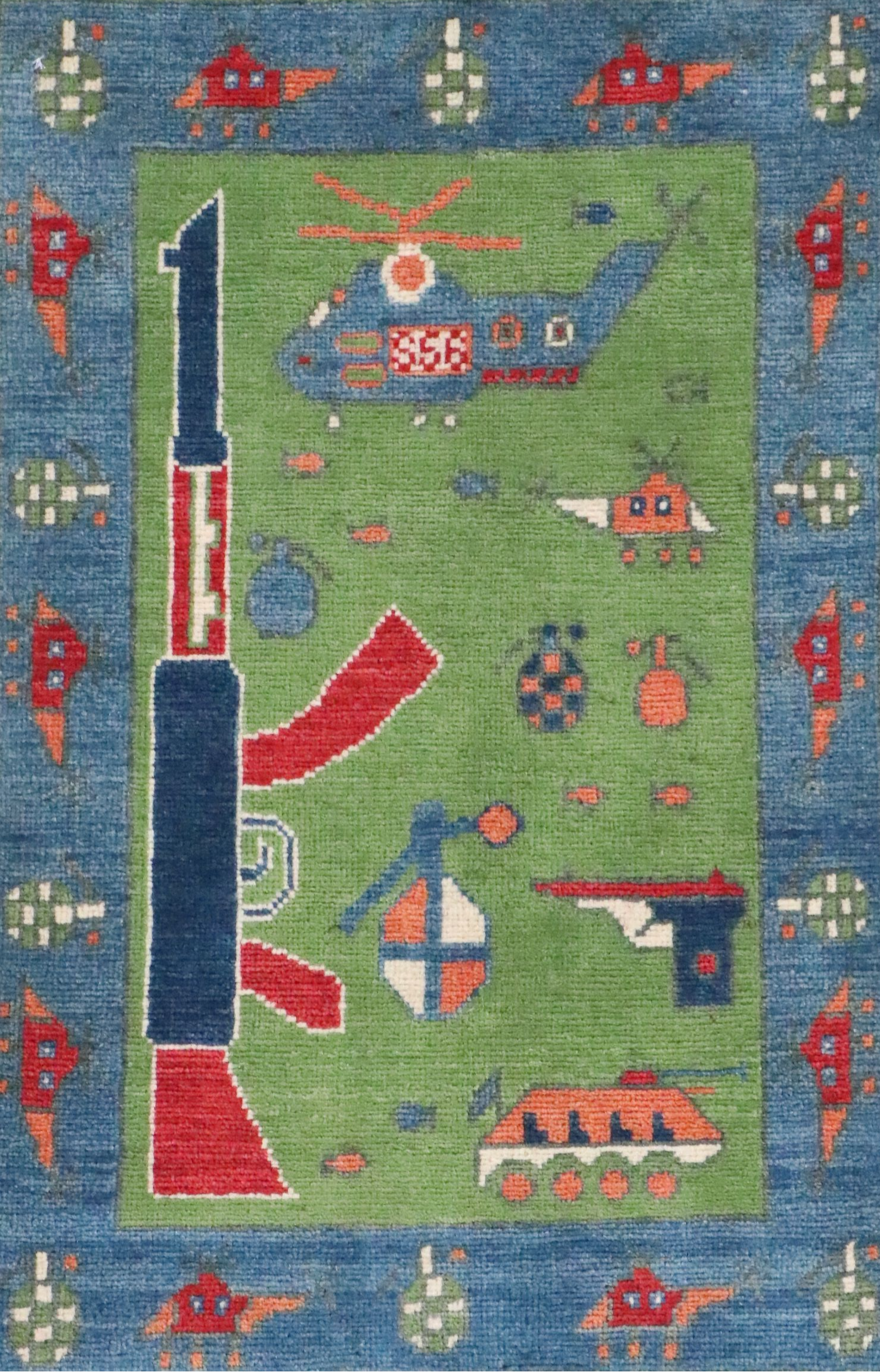 1'11 x 3' Hand-Knotted Afghan Pictorial War Accent Rug