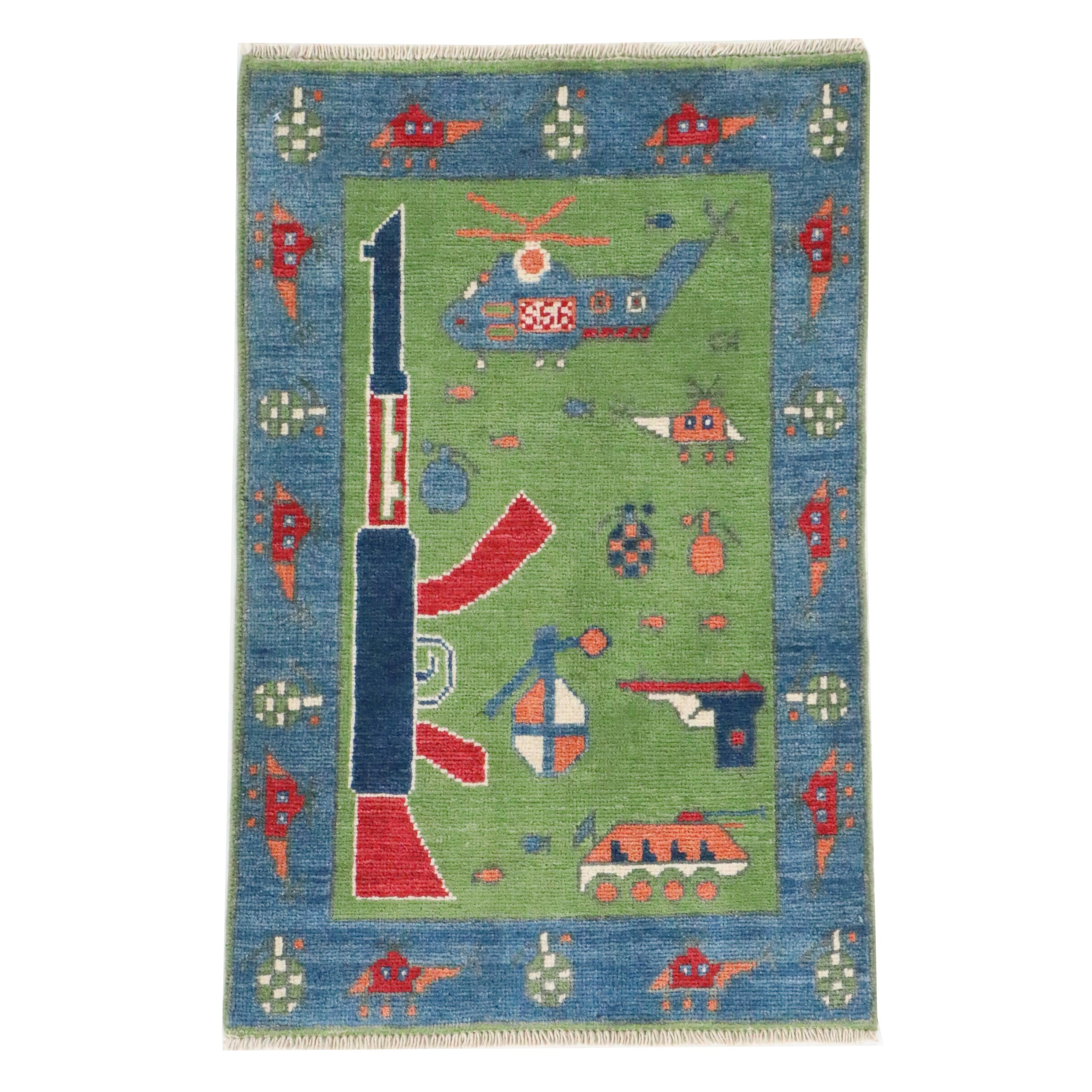 1'11 x 3' Hand-Knotted Afghan Pictorial War Accent Rug