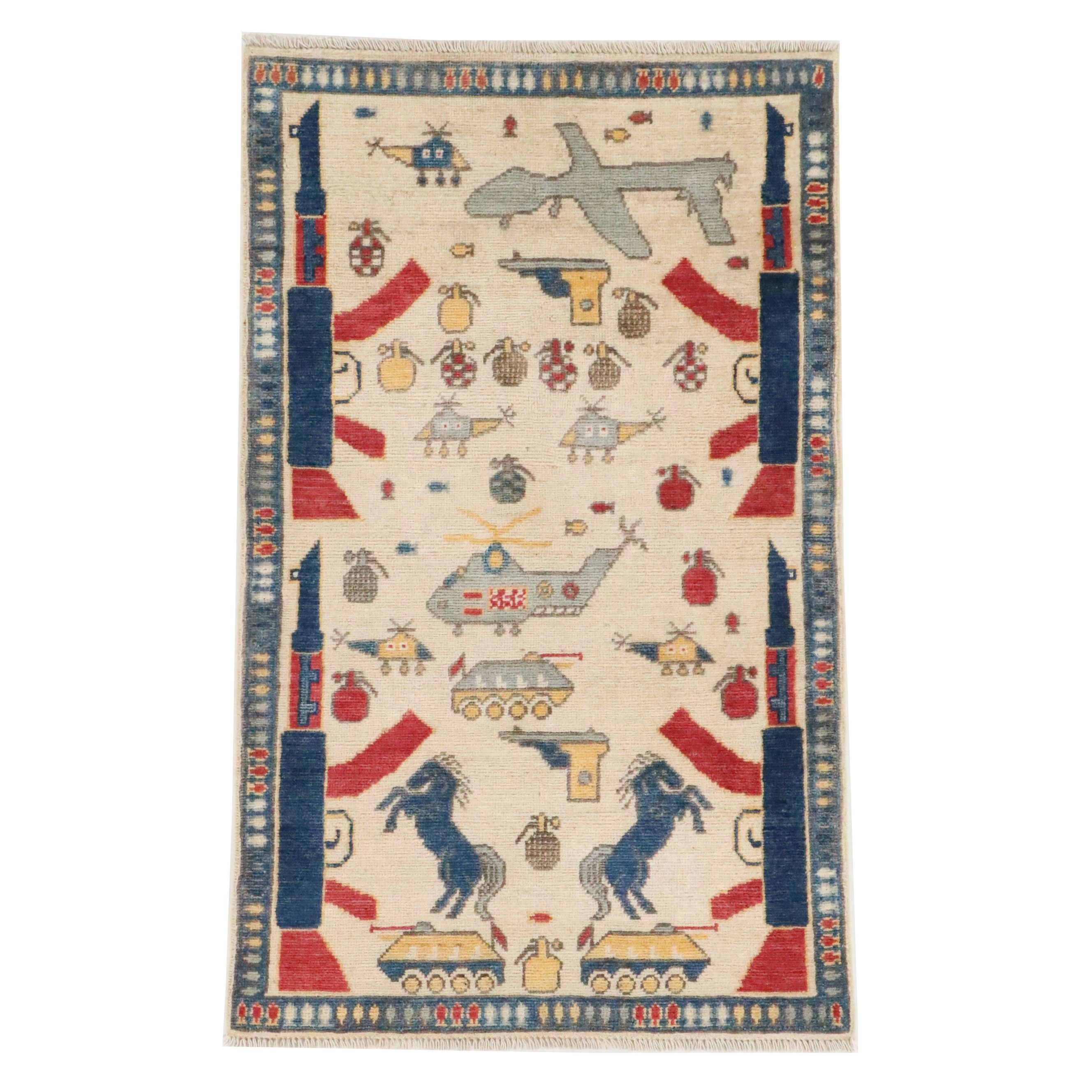 2'7 x 4'2 Hand-Knotted Pakistani Pictorial War Accent Rug