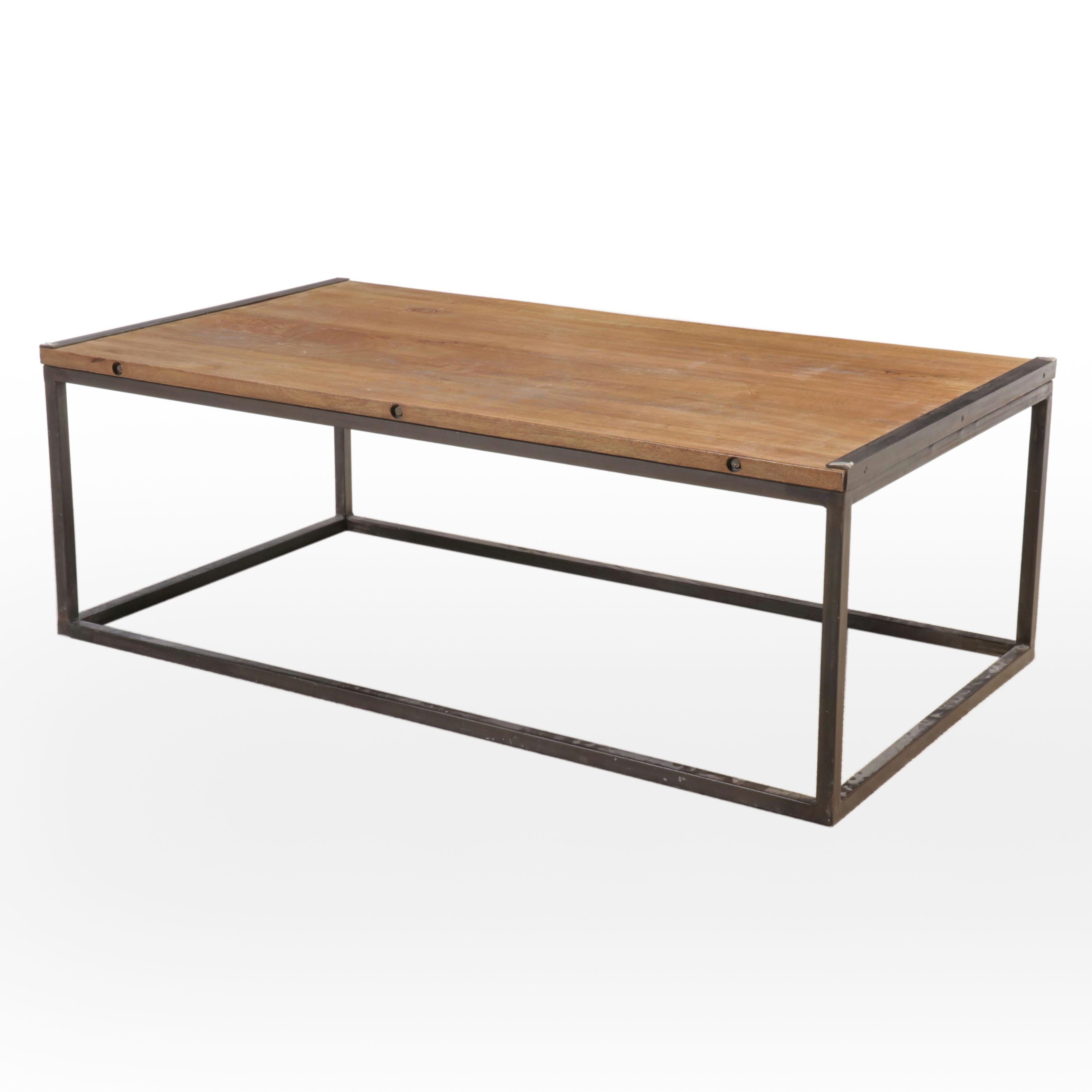 Contemporary Industrial Style Acacia Wood and Metal Coffee Table
