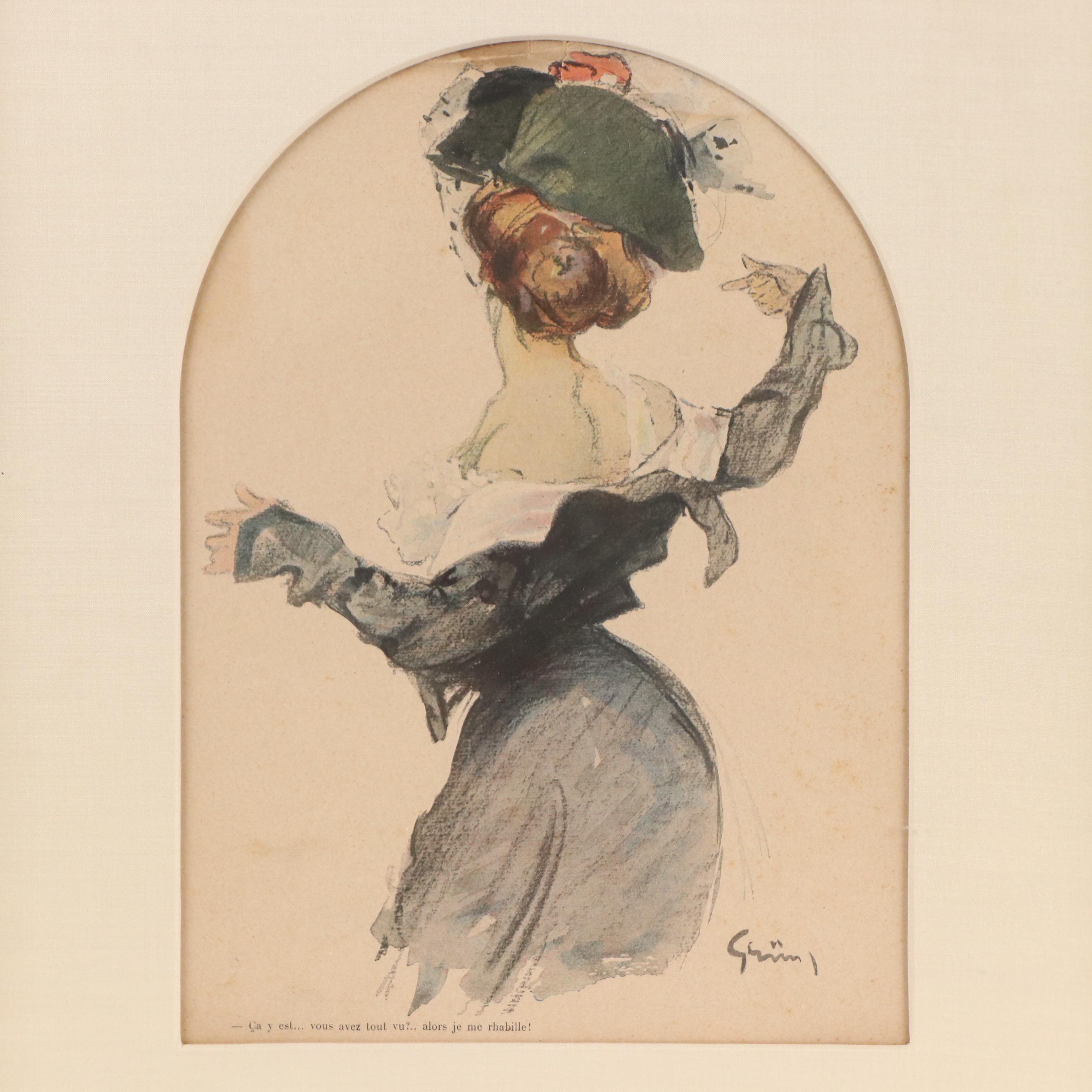 Halftone After Jules-Alexandre Grün of Woman Performing Hurried Striptease